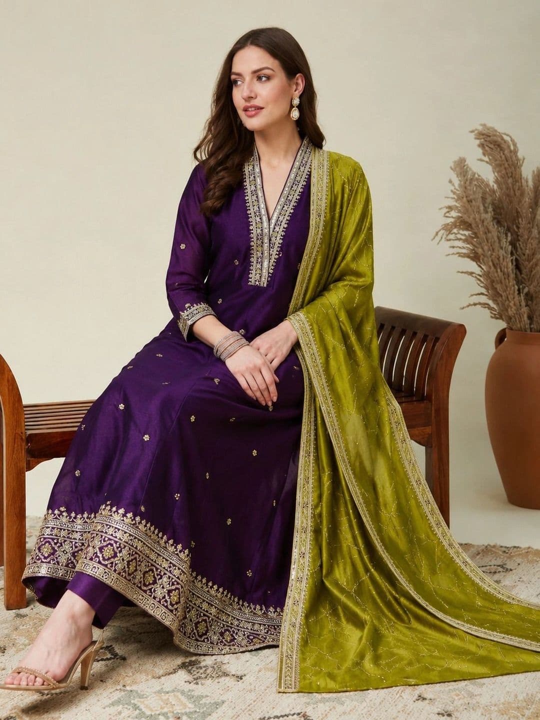 Sangria Women Ethnic Motifs Embroidered Regular Kurta with Trousers & With Dupatta thumbnail 3