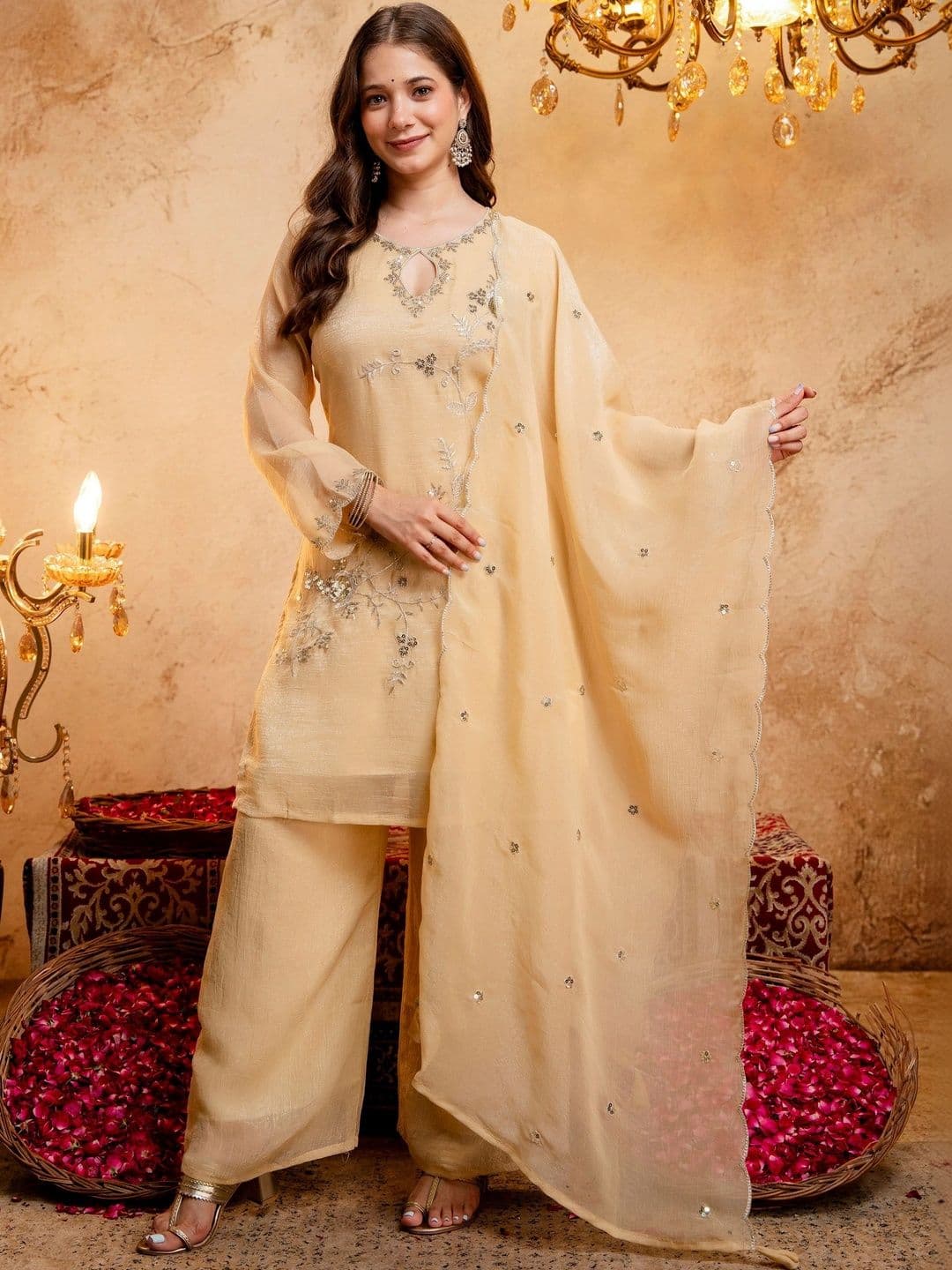 J.KANJI  Ethnic Motifs Embroidered Regular Sequinned Kurta with Palazzos & With Dupatta - view 1