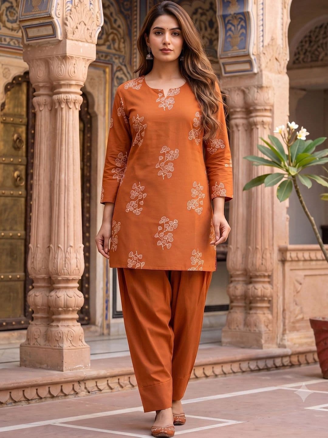 Bunkari Women Ethnic Motifs Printed Regular Pure Cotton Kurti with Patiala - view 1