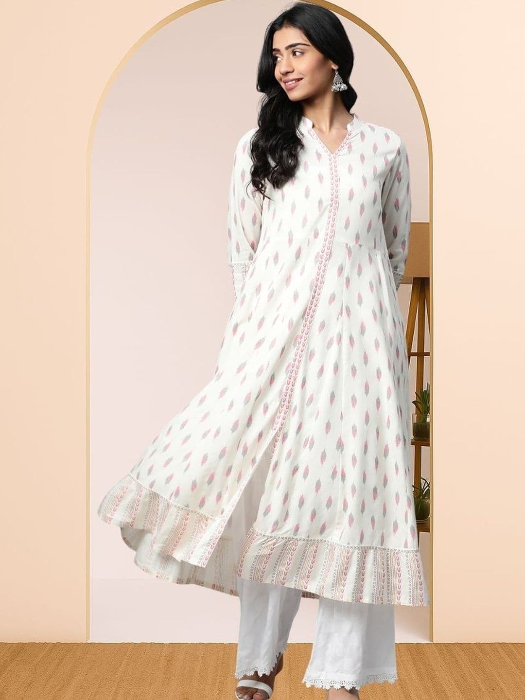 KALINI Women White Viscose Rayon Anarkali Kurtas thumbnail 2