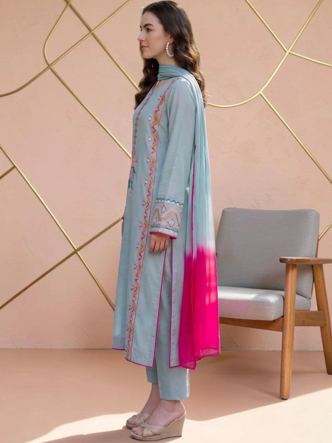 all about you Women Ethnic Motifs Embroidered Silk Crepe Kurta with Trousers & Dupatta thumbnail 2
