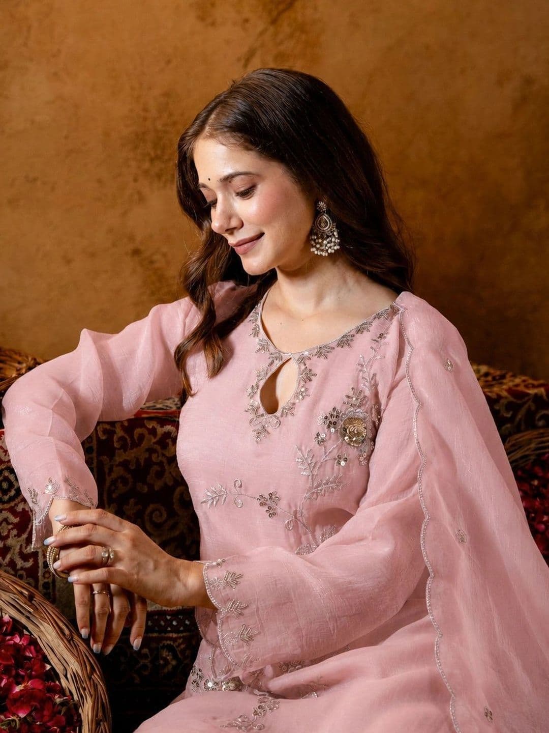 J.KANJI Women Ethnic Motifs Embroidered Regular Thread Work Kurta with Palazzos & With Dupatta thumbnail 4