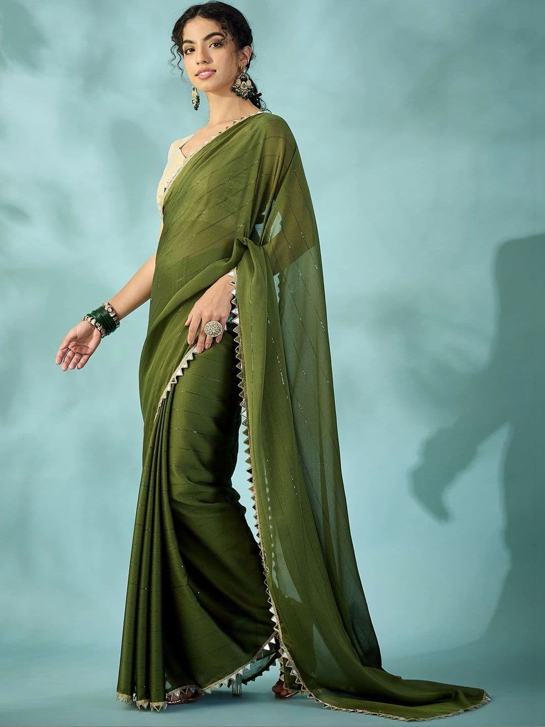 Sangria Striped Mirror Work Poly Georgette Designer Saree thumbnail 7