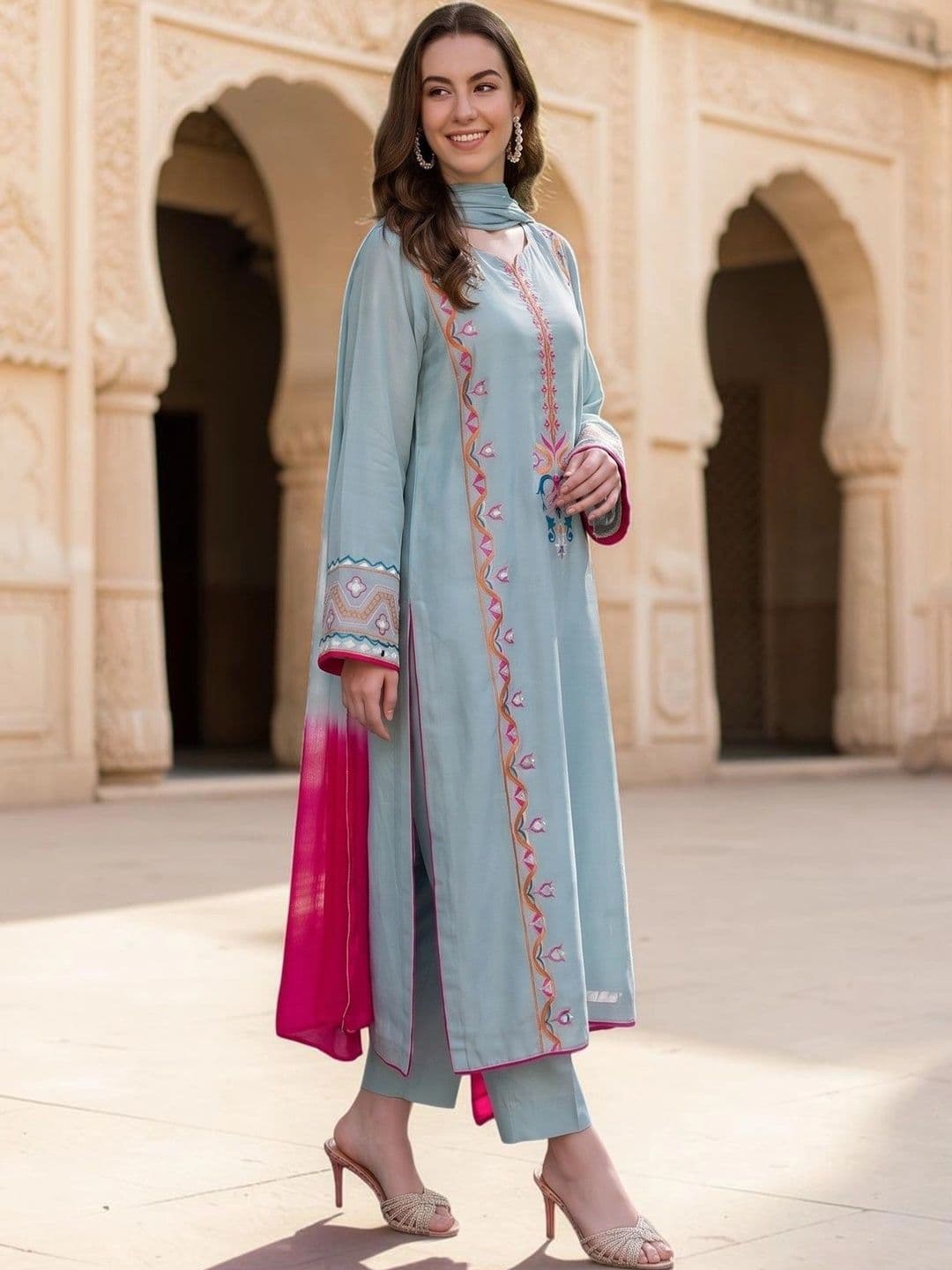 DIVASTRI Women Ethnic Motifs Embroidered  Thread Silk Crepe Kurta with Trousers & Dupatta thumbnail 5