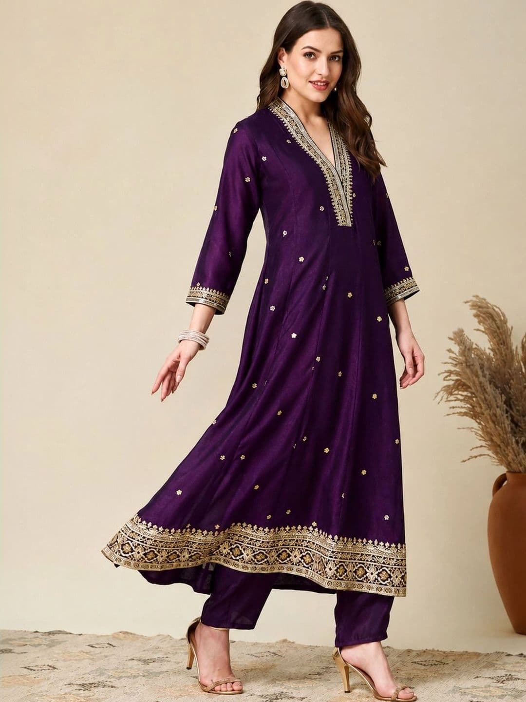 Sangria Women Ethnic Motifs Embroidered Regular Kurta with Trousers & With Dupatta thumbnail 4