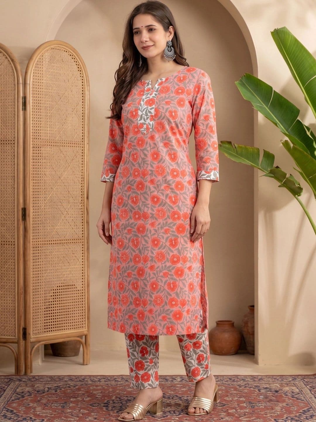 Sangria Women Floral Printed Regular Pure Cotton Kurta with Trousers thumbnail 2