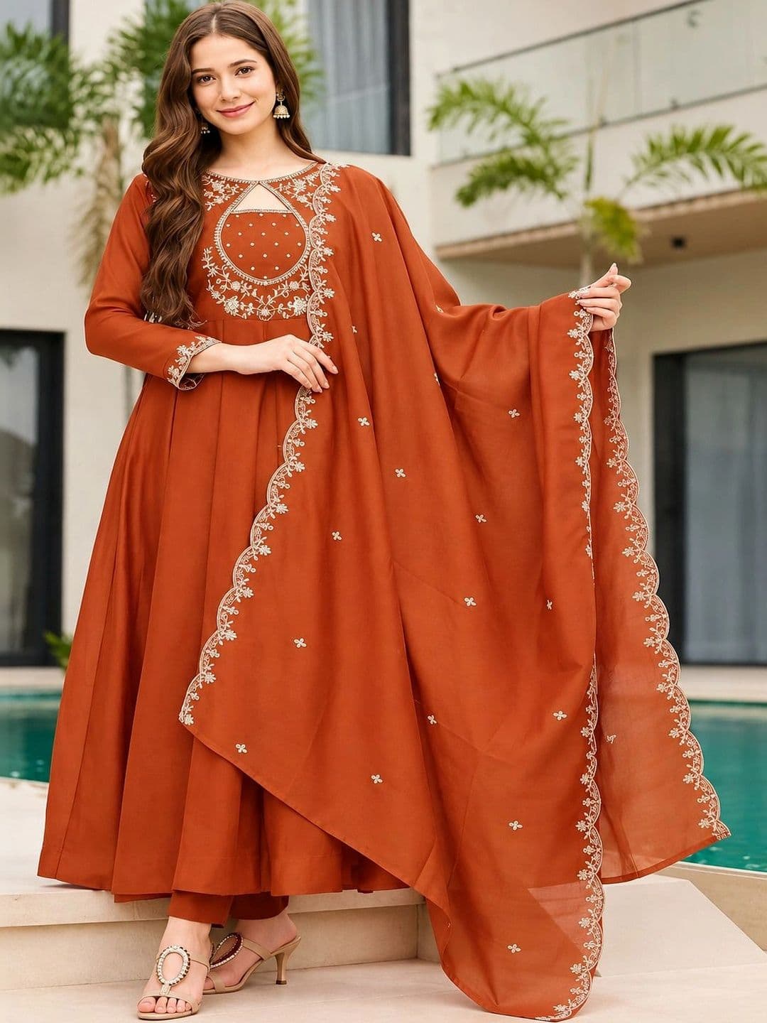 Sangria Women Ethnic Motifs Embroidered Regular Thread Work Chanderi Silk Kurta with Trousers & With Dupatta thumbnail 5