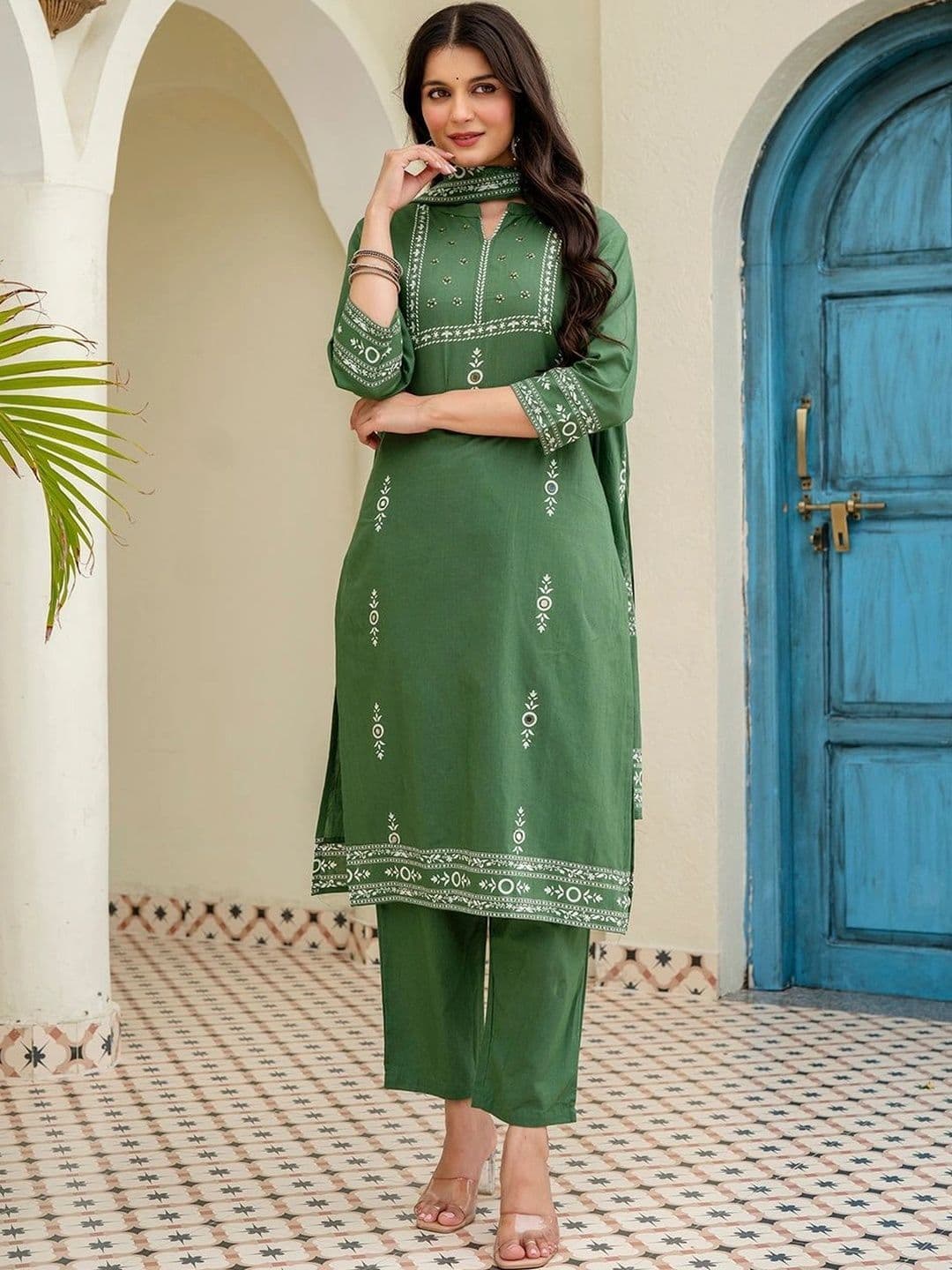 Pistaa Women Ethnic Motifs Embroidered Regular Thread Work Pure Cotton Kurta with Trousers & With Dupatta thumbnail 7