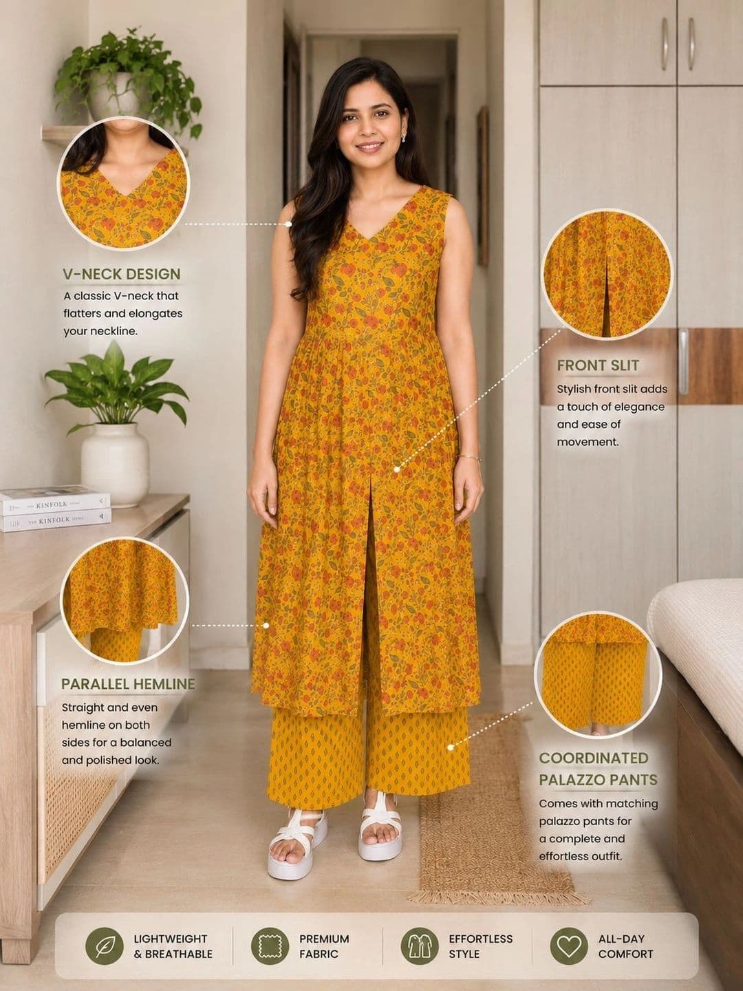 HERE&NOW Women Floral Printed Regular Pure Cotton Kurta with Palazzos thumbnail 3