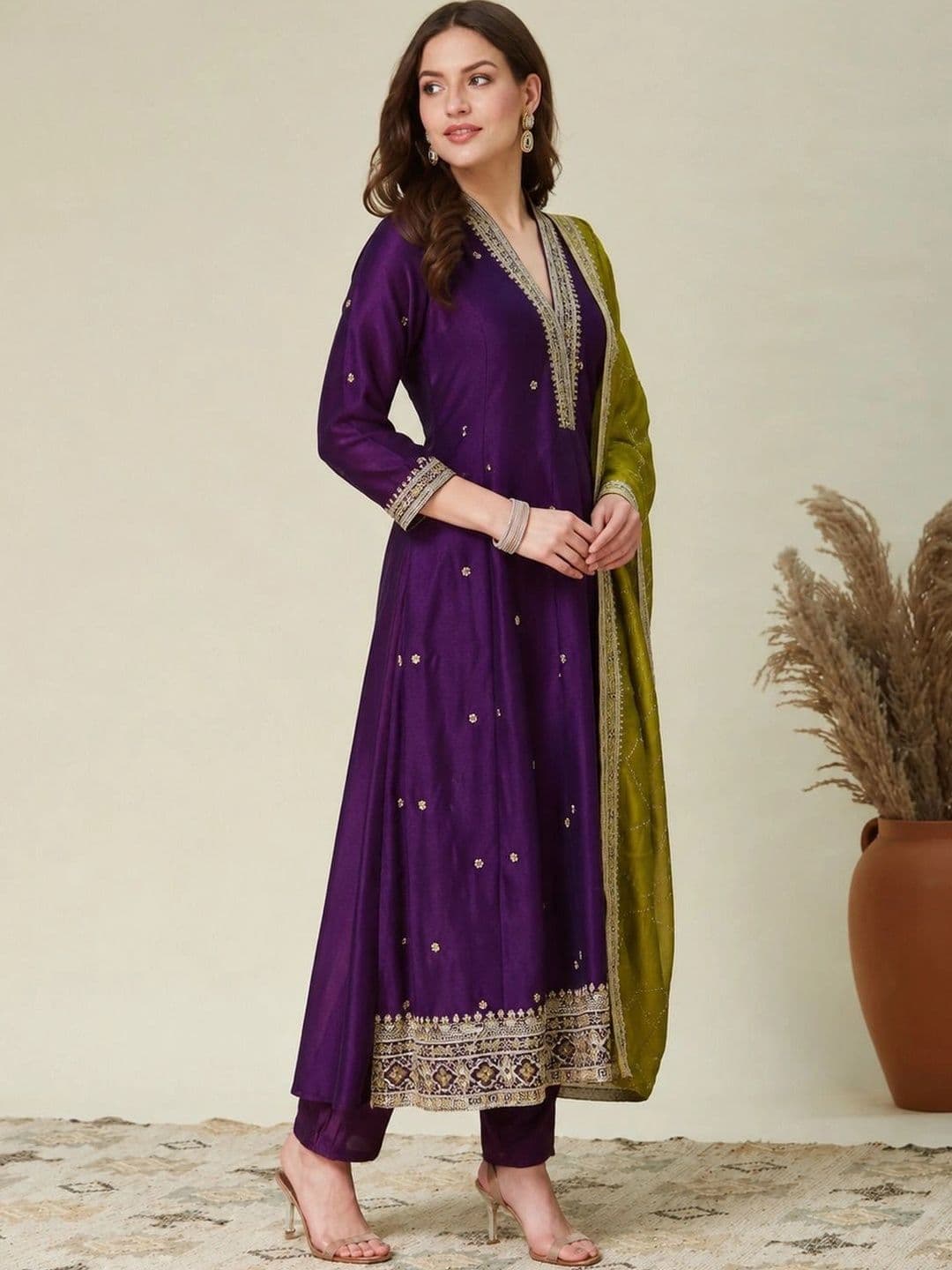 Sangria Women Ethnic Motifs Embroidered Regular Kurta with Trousers & With Dupatta thumbnail 2