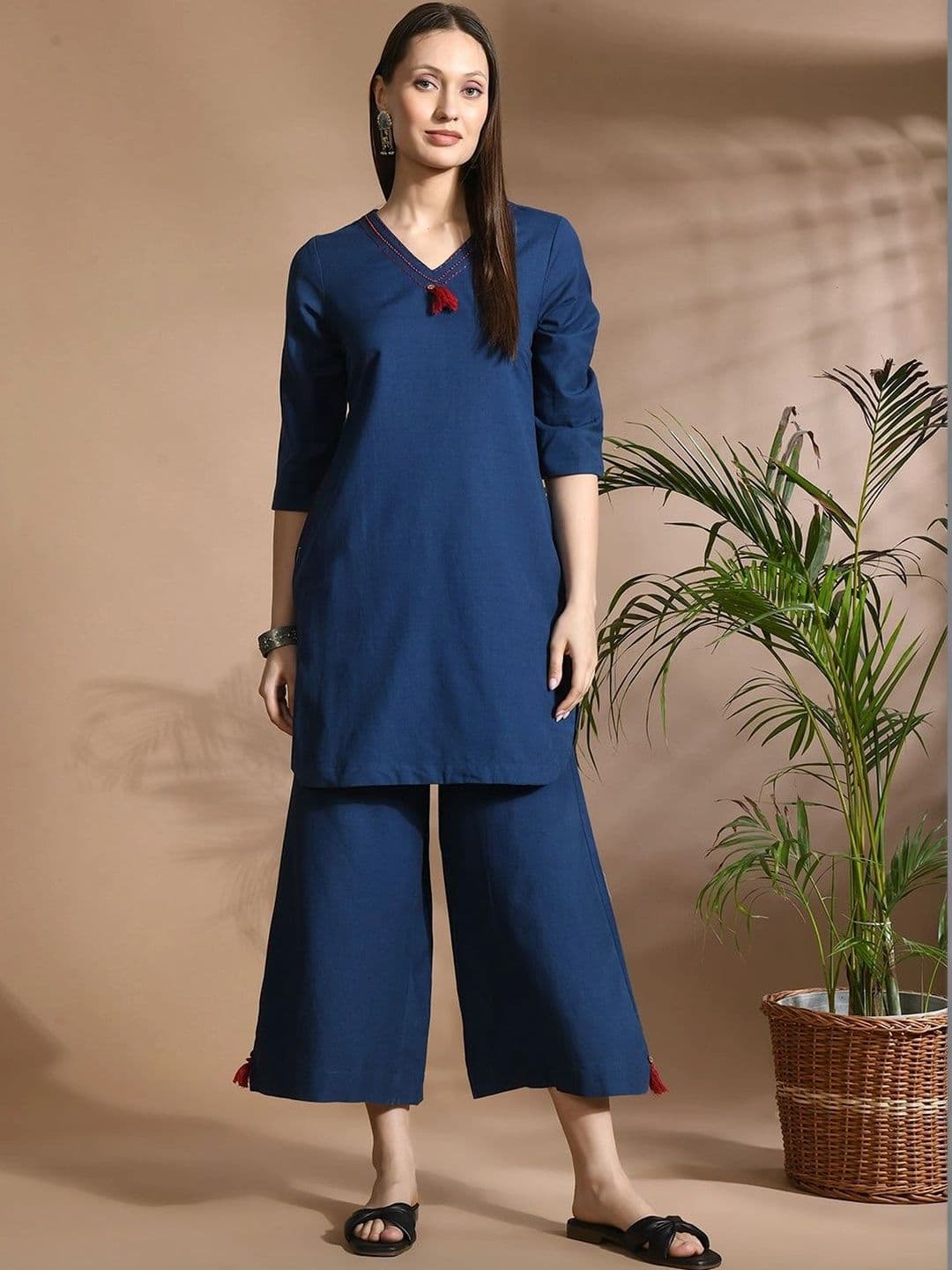 NAVYAAZRI Women Regular Thread Work Pure Cotton Kurta with Palazzos - view 1