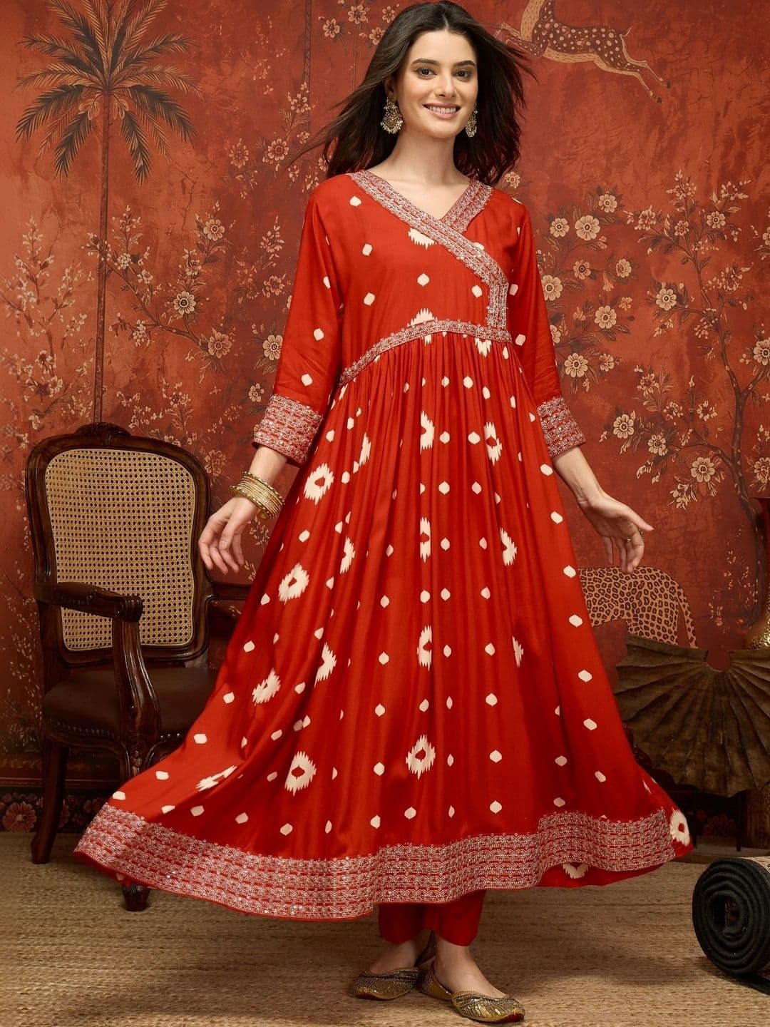 Sangria Women Printed Angrakha Thread Work Kurta with Trousers & With Dupatta thumbnail 7