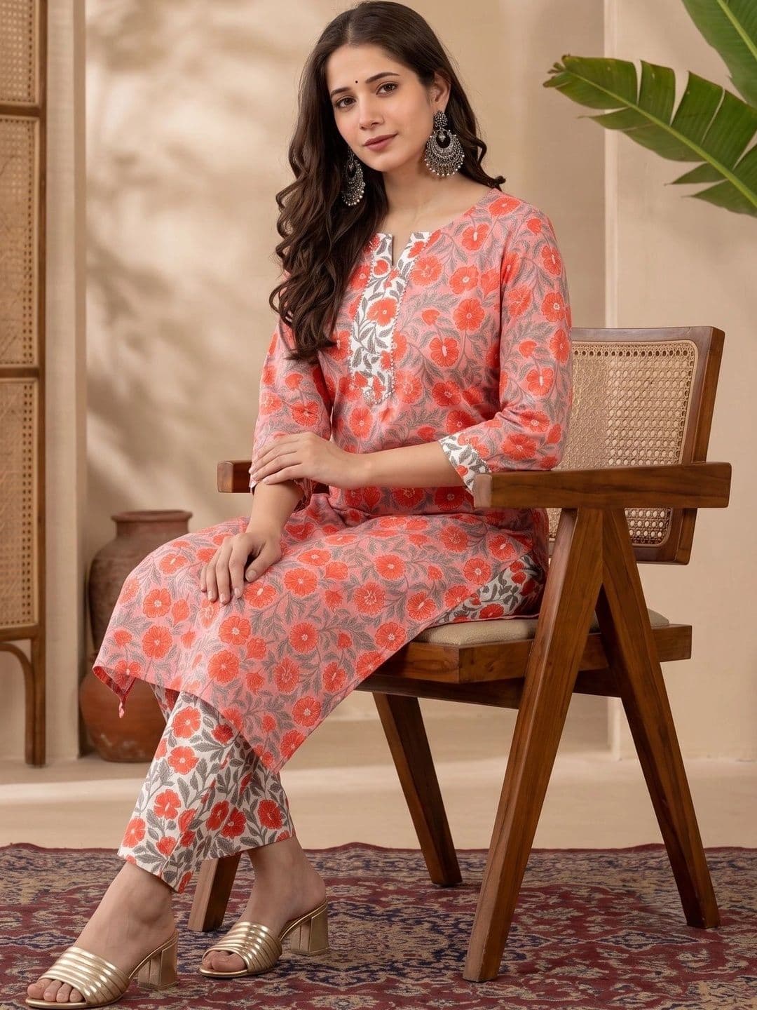 Sangria Women Floral Printed Regular Pure Cotton Kurta with Trousers thumbnail 4