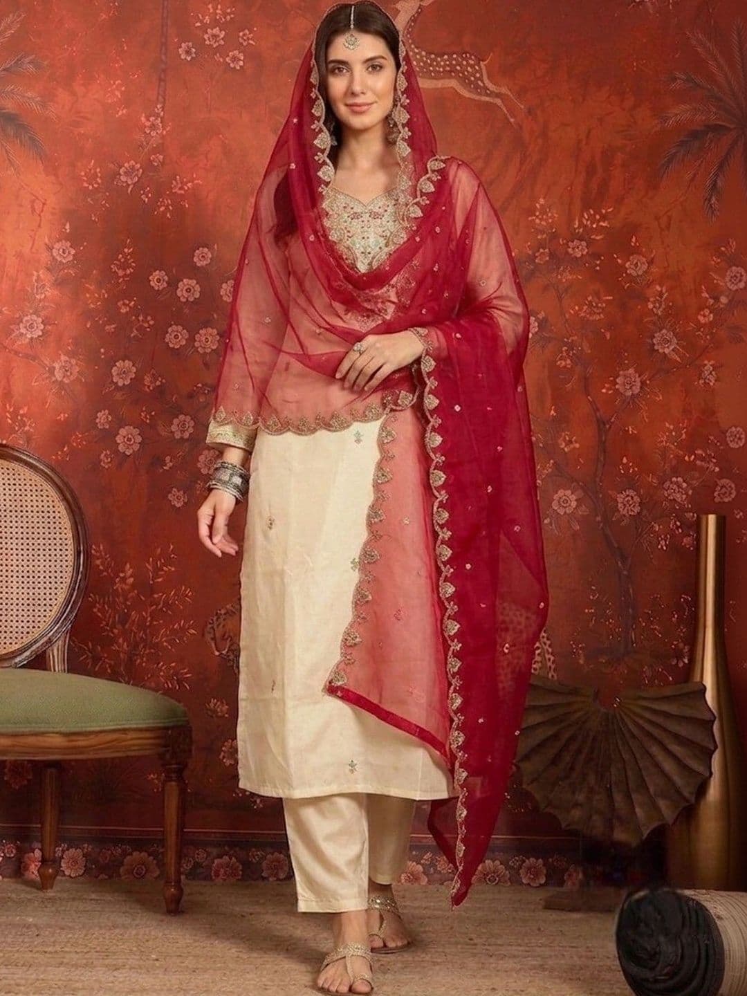 Sangria Women Ethnic Motifs Embroidered Regular Thread Work Kurta with Trousers & With Dupatta thumbnail 7