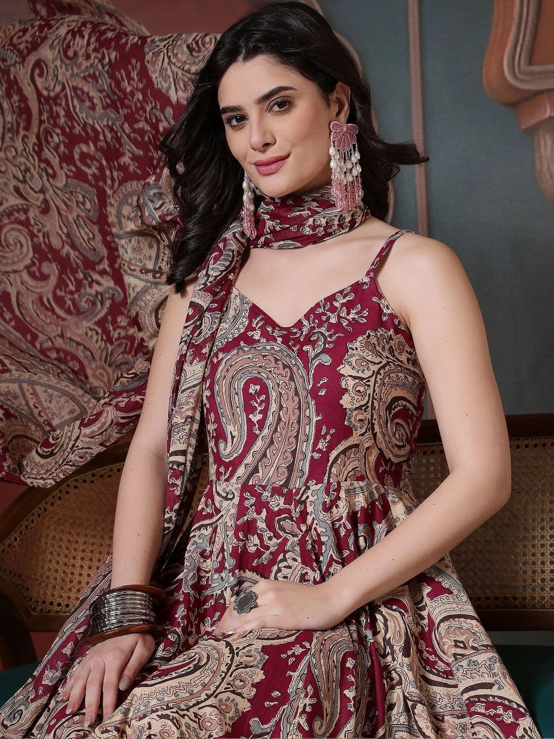 Sangria Women Paisley Printed Regular Pure Cotton Kurta with Palazzos & With Dupatta thumbnail 6