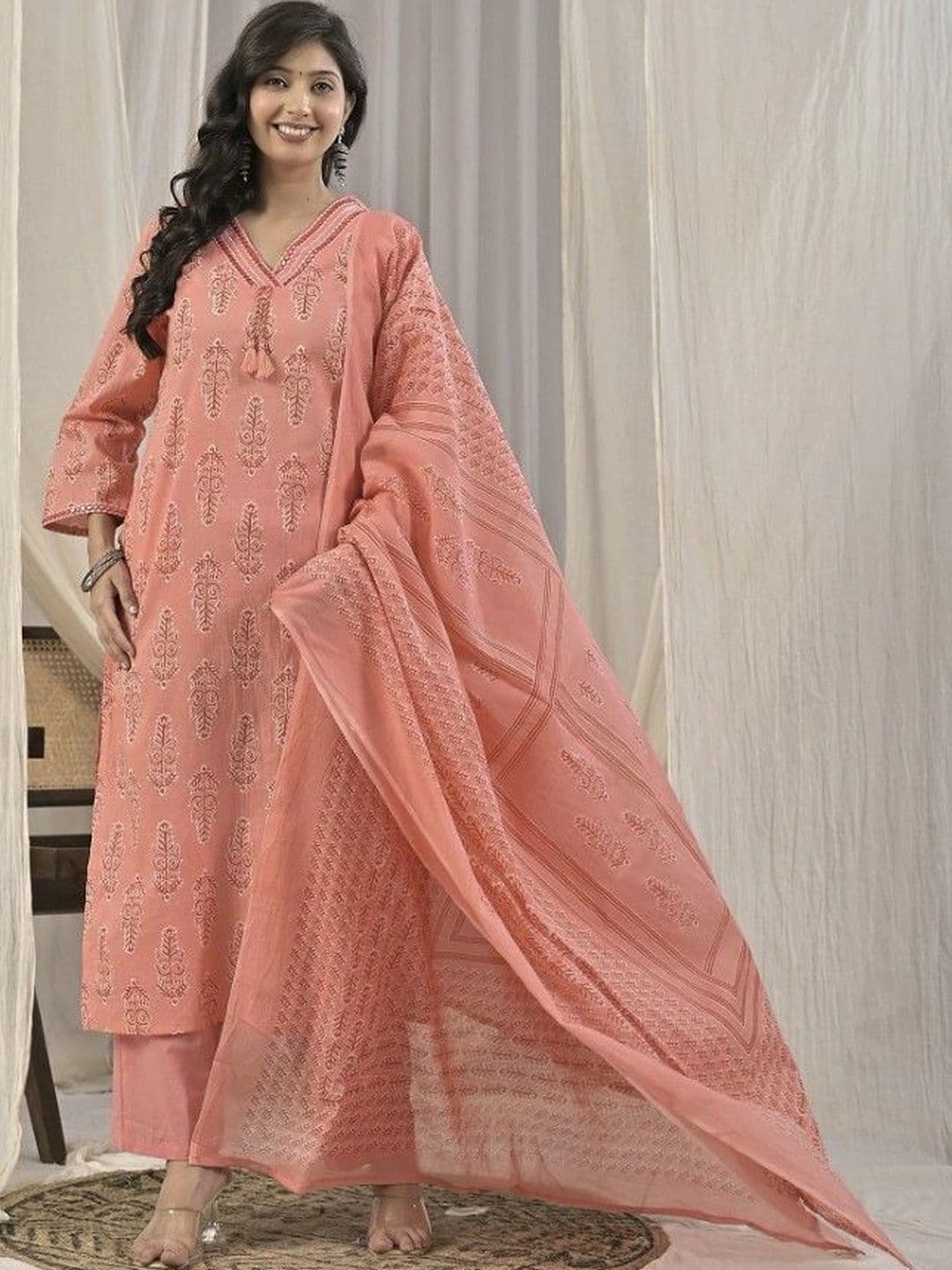 Yashee Women Ethnic Motifs Printed Regular Pure Cotton Kurta with Trousers & With Dupatta thumbnail 4