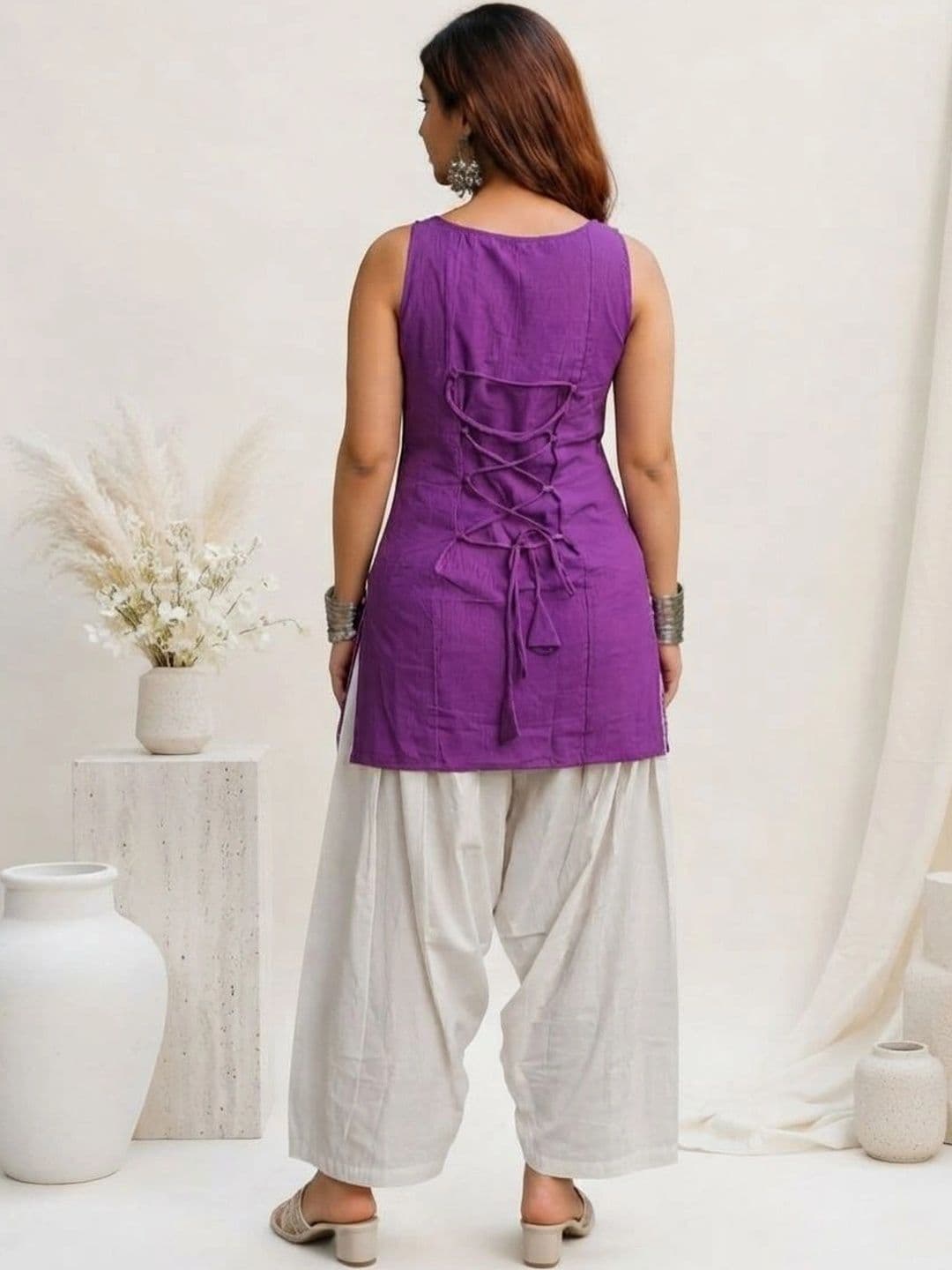 HERE&NOW Women Ethnic Motifs Printed Regular Pure Cotton Kurti with Patiala thumbnail 3