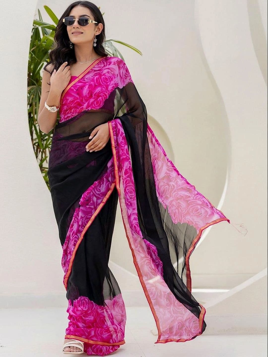 SANISA Floral Pure Chiffon Saree thumbnail 2