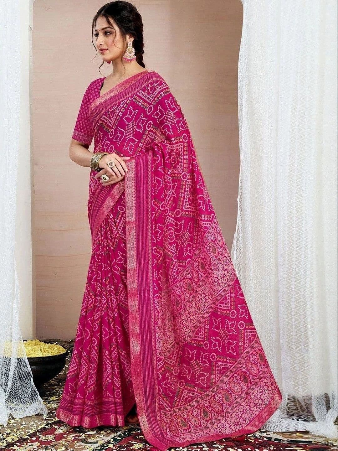 SANISA Bandhani Zari Pure Chiffon Saree thumbnail 7