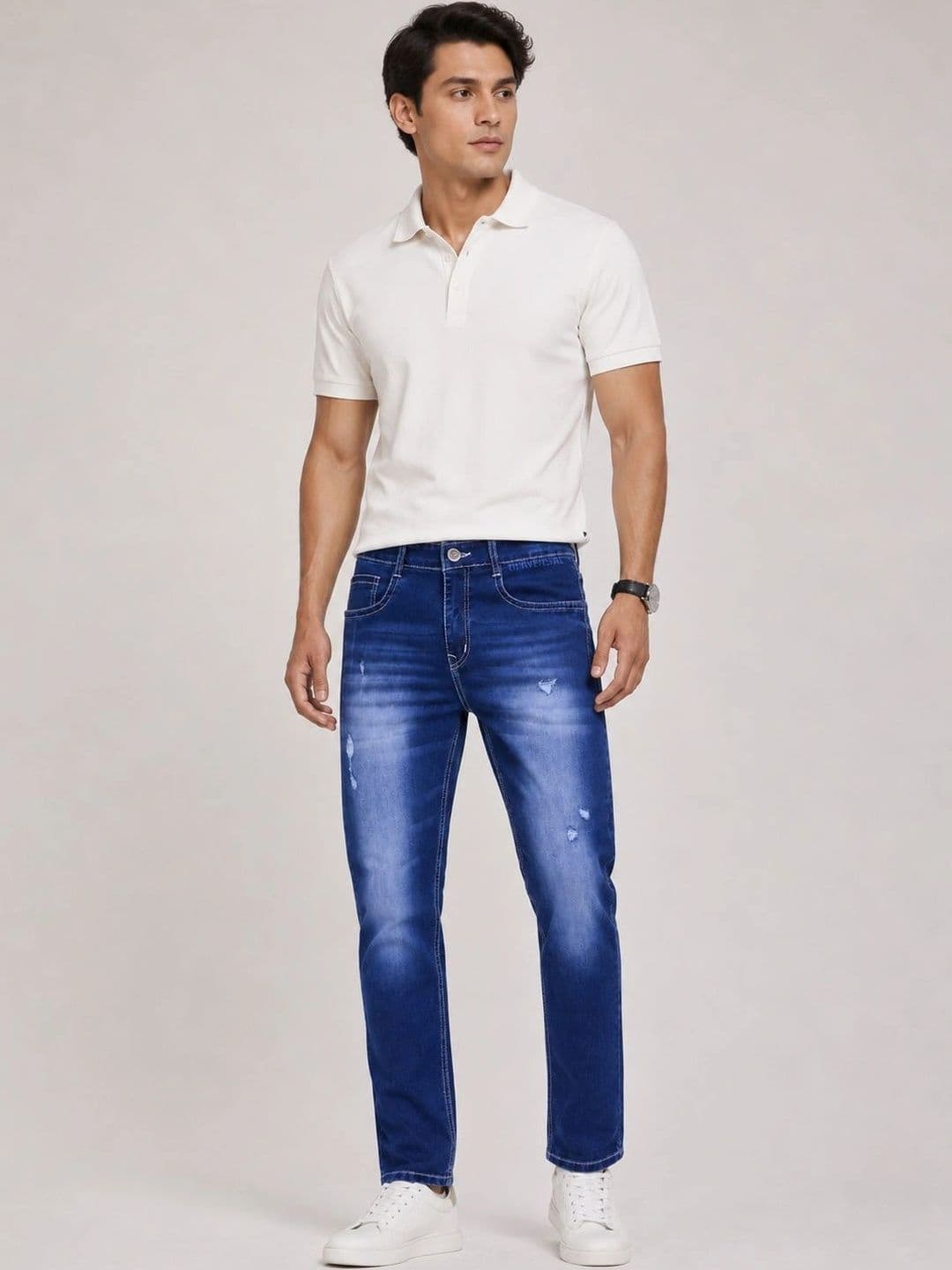 GEX Men Jean Regular Fit Mid-Rise Low Distress Coated Stretchable Jeans thumbnail 2