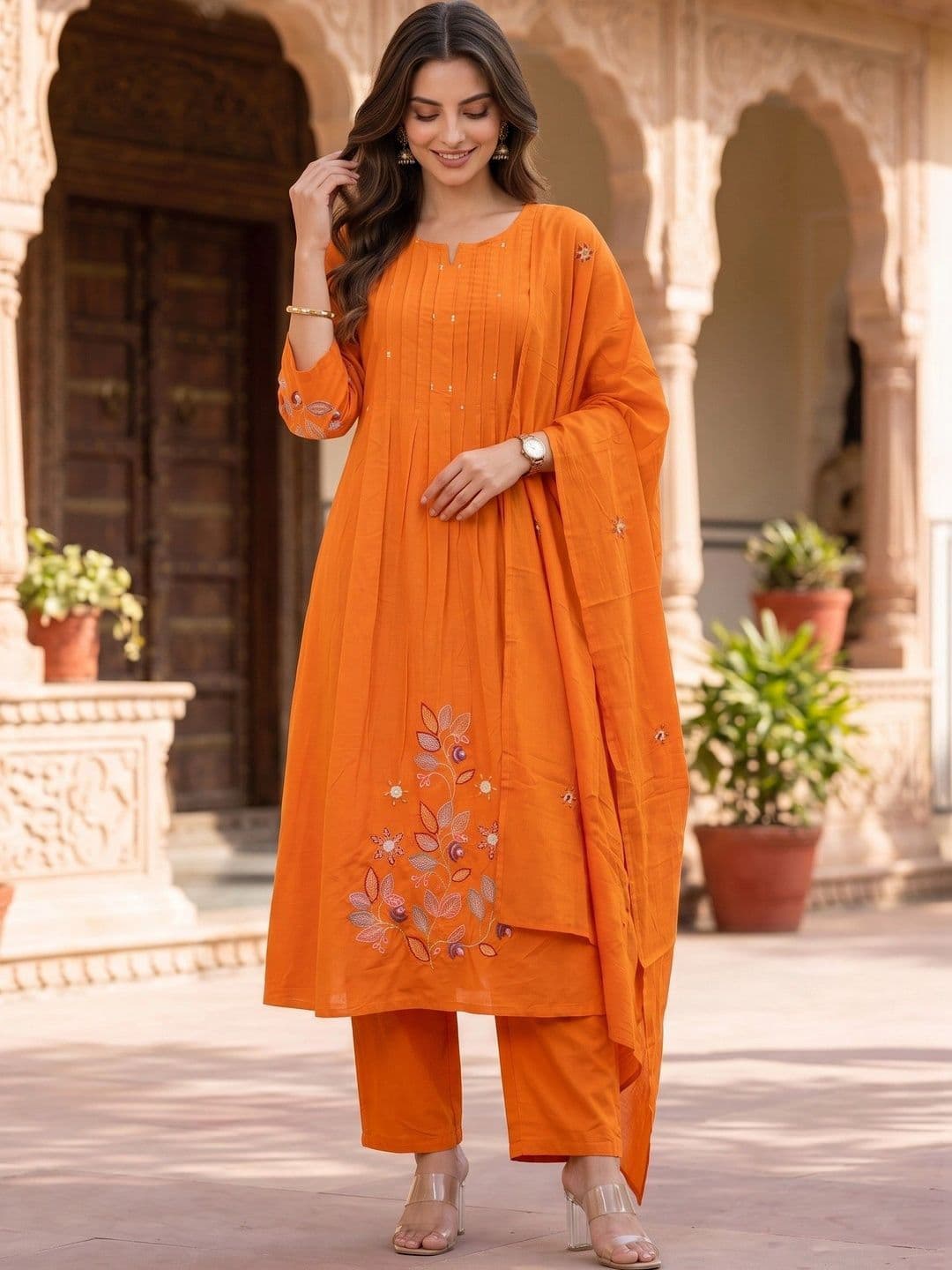 Anouk Rustic Women Floral Embroidered Regular Pure Cotton Kurta with Harem Pants & With Dupatta thumbnail 5
