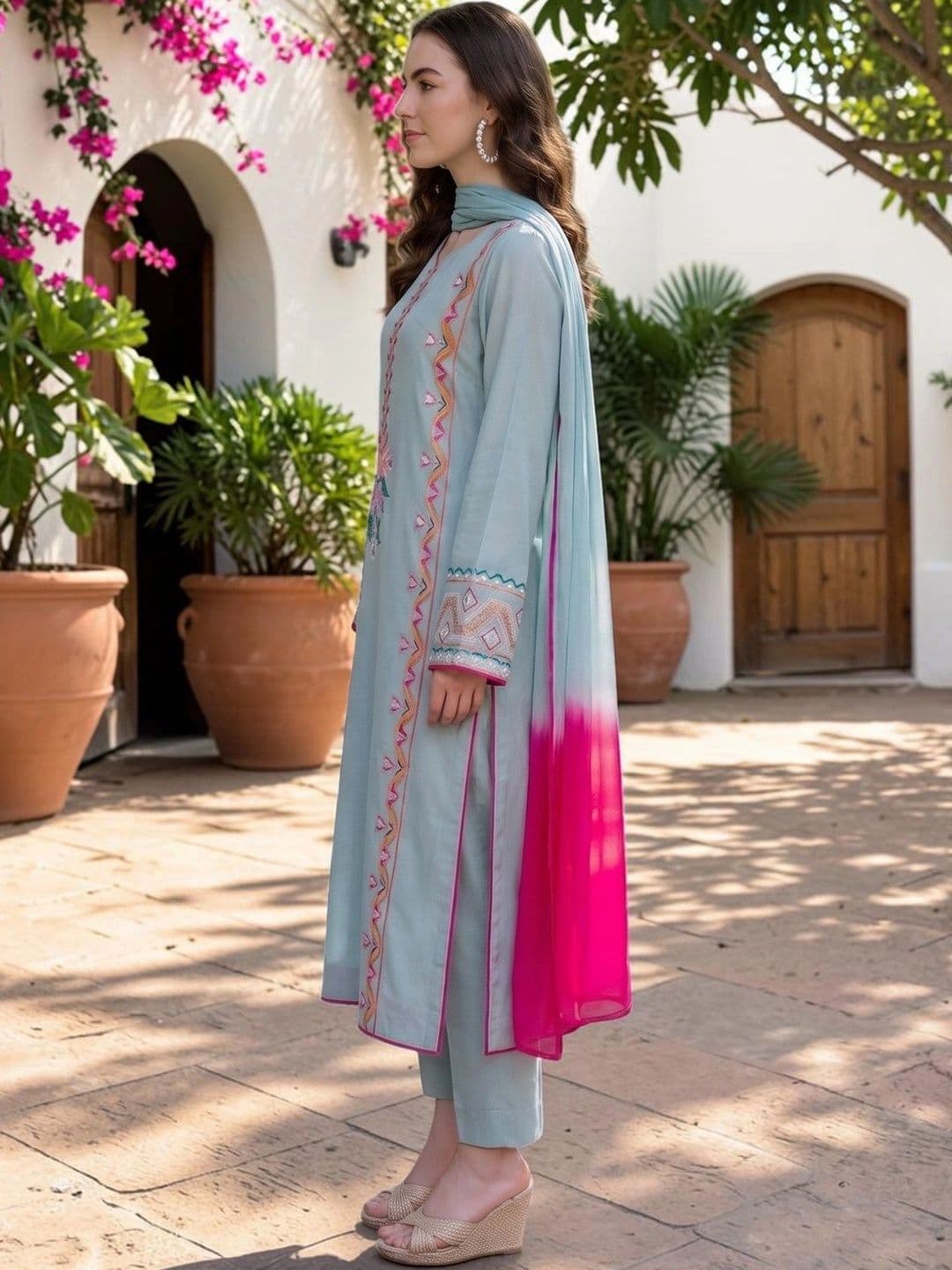 TASRIKA Ethnic Motifs Embroidered Thread Work Silk Crepe Kurta with Trousers & Dupatta thumbnail 6