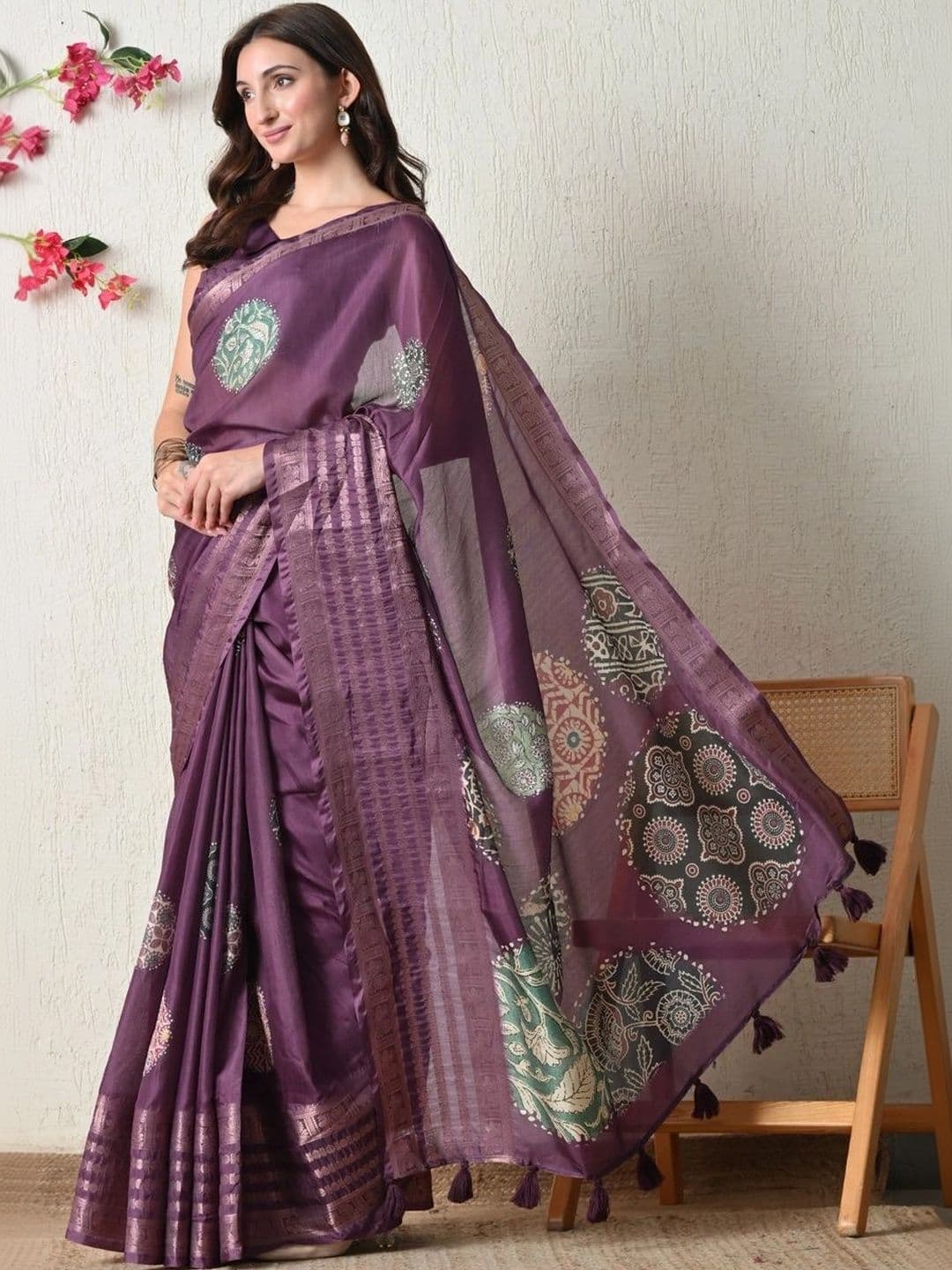 KALINI Ethnic Motifs Zari Silk Cotton Block Print Saree thumbnail 5
