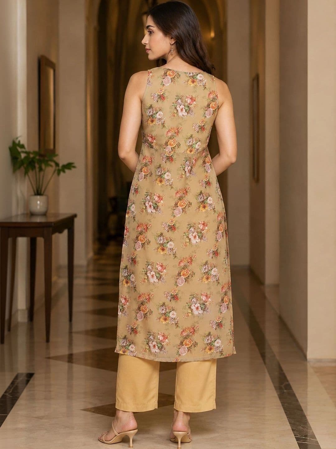 Bunai Women Floral Printed Regular Kurta with Trousers thumbnail 5