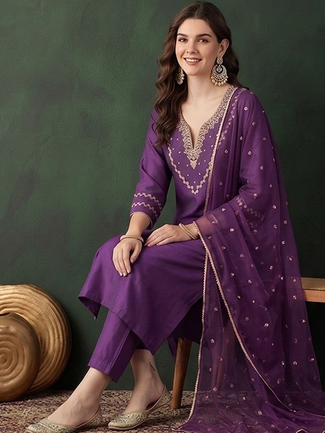 Sangria Women Ethnic Motifs Embroidered Regular Thread Work Kurta with Trousers & With Dupatta - view 1