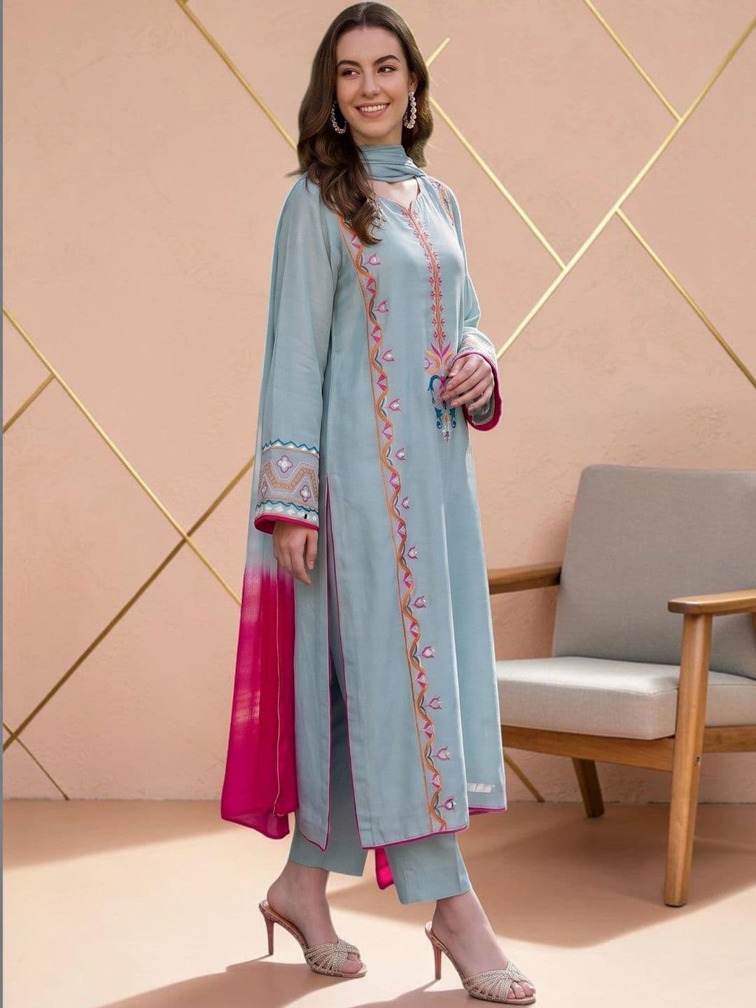 all about you Women Ethnic Motifs Embroidered Silk Crepe Kurta with Trousers & Dupatta thumbnail 3