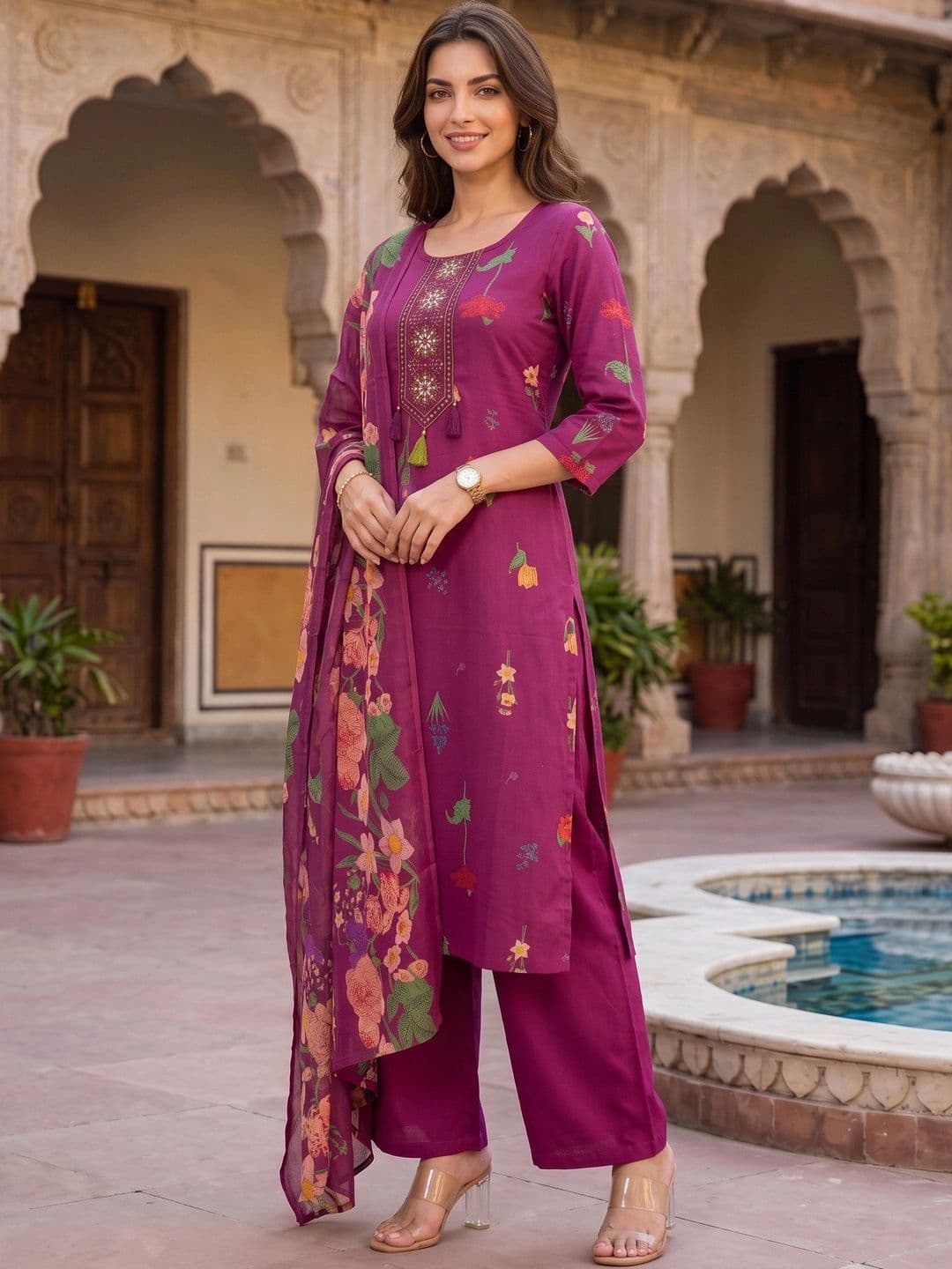 Sangria Women Floral Embroidered Regular Thread Work Pure Cotton Kurta with Palazzos & With Dupatta thumbnail 7