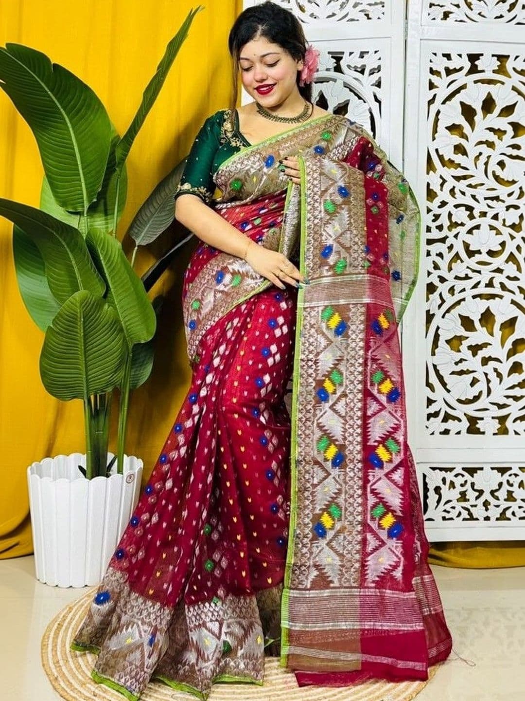 Basana Saree Kuthir Woven Design Zari Silk Cotton Jamdani Sarees thumbnail 3