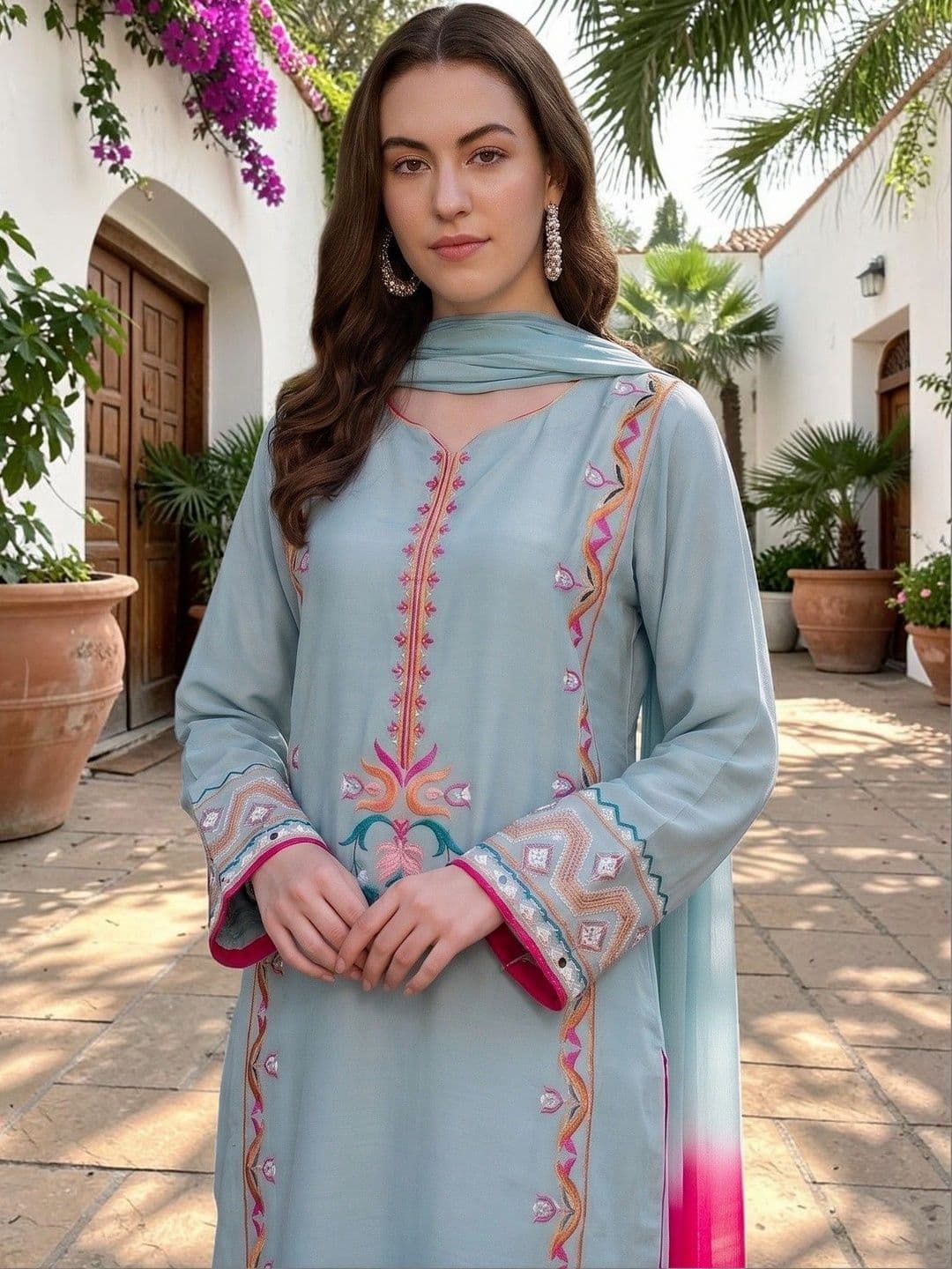 TASRIKA Ethnic Motifs Embroidered Thread Work Silk Crepe Kurta with Trousers & Dupatta thumbnail 2