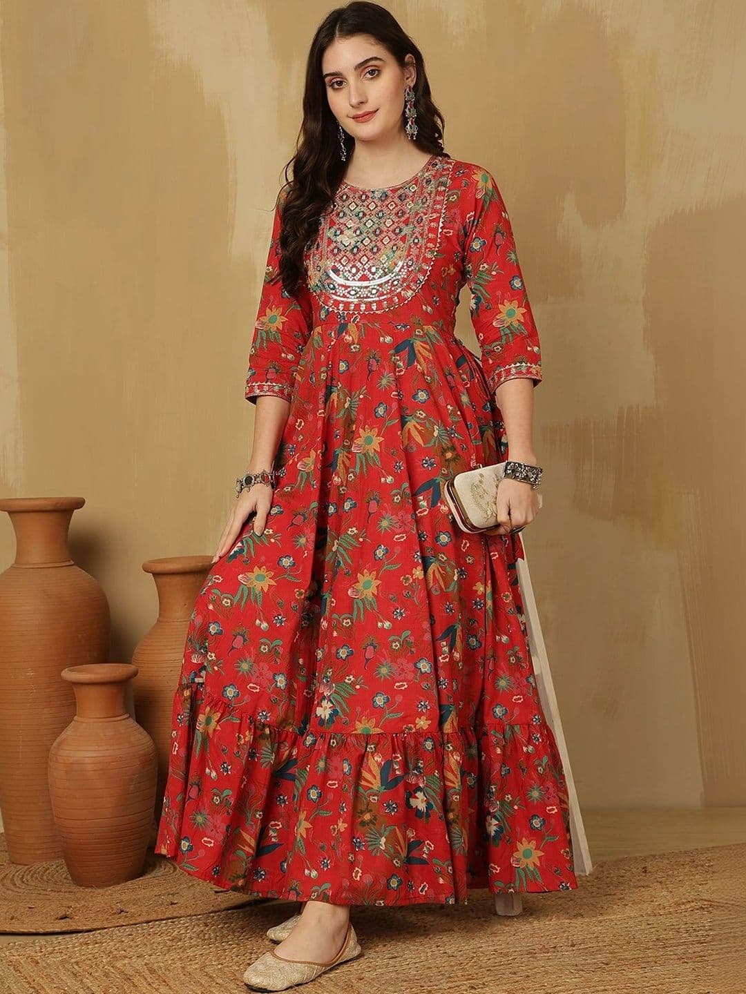 Sangria Women Floral Printed Mirror Work Floral Anarkali Kurta thumbnail 5
