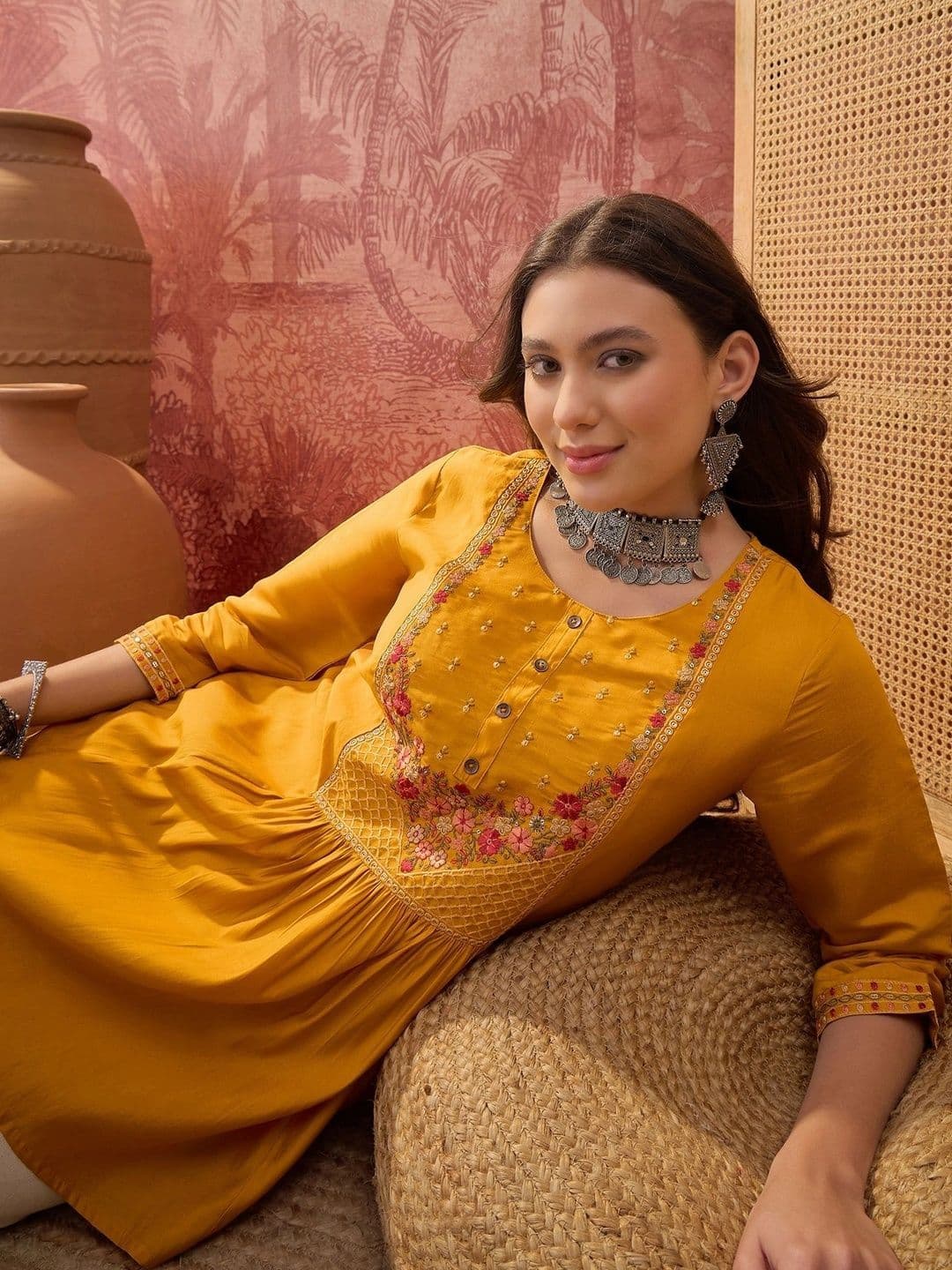 Sangria Floral Embroidered Empire Kurti thumbnail 2
