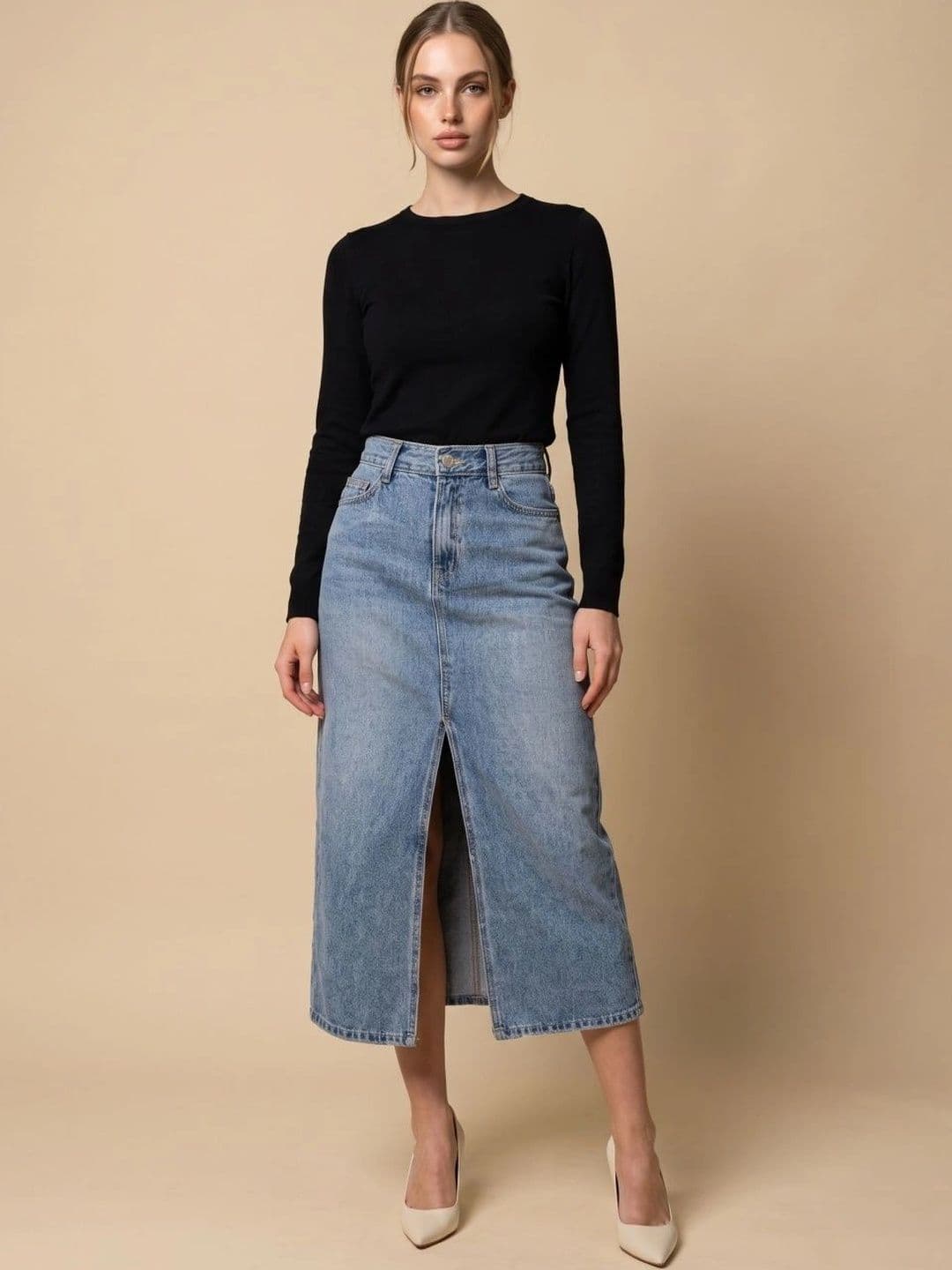 MAKPAK Women Denim Washed Front Slit Midi Straight Skirt thumbnail 5