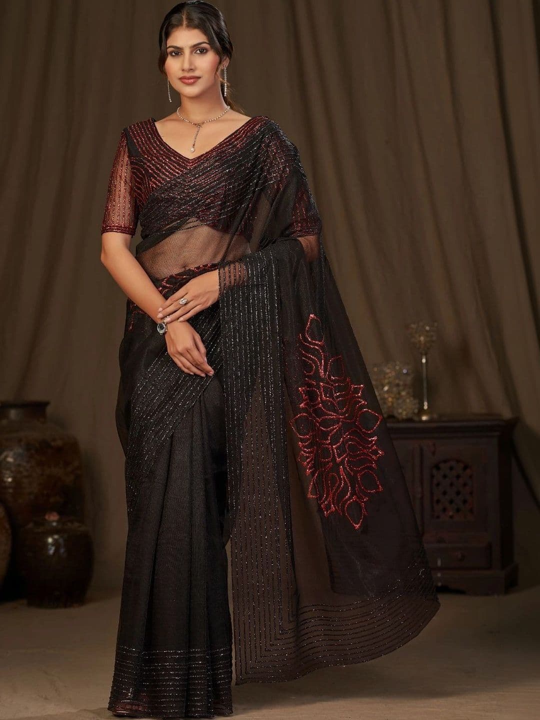 Parmila Fashion Embellished Sequinned Net Saree thumbnail 2
