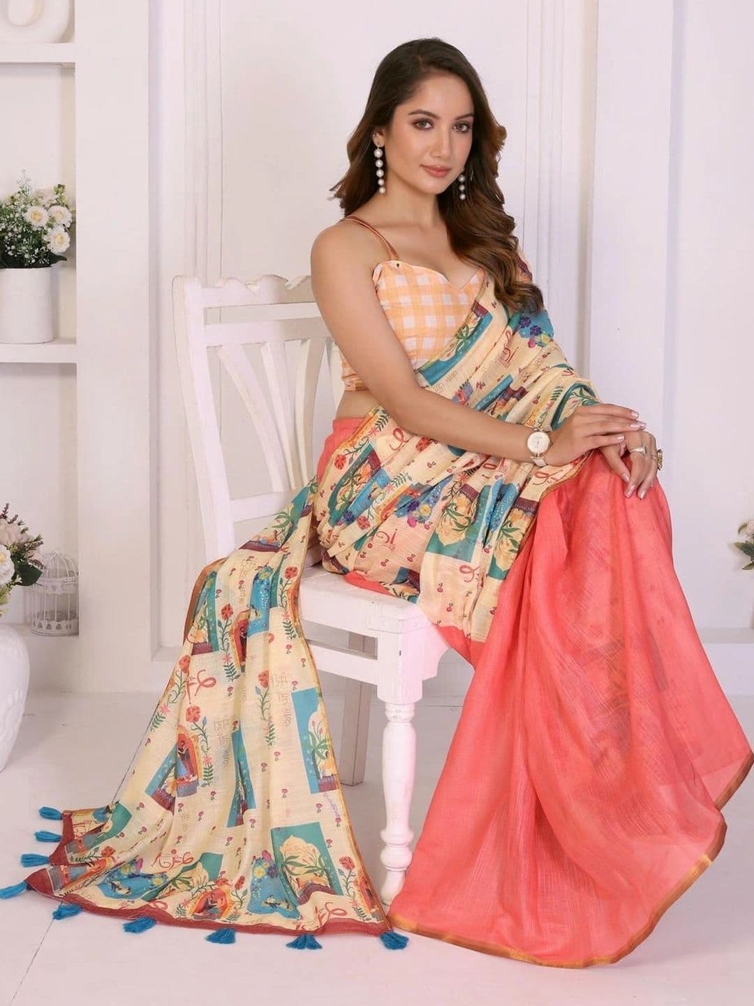 Pixie lane Women  Ethnic Motifs Zari Linen Blend Saree thumbnail 4
