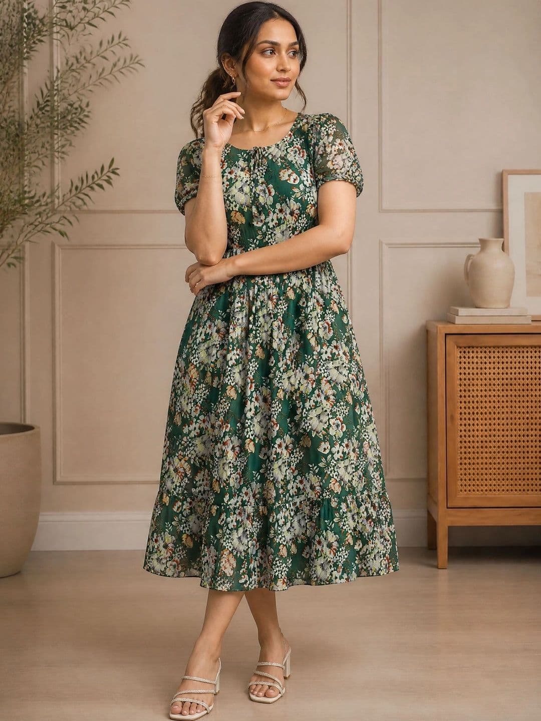 QENA Floral Print Puff Sleeve Georgette A-Line Maxi Dress thumbnail 5