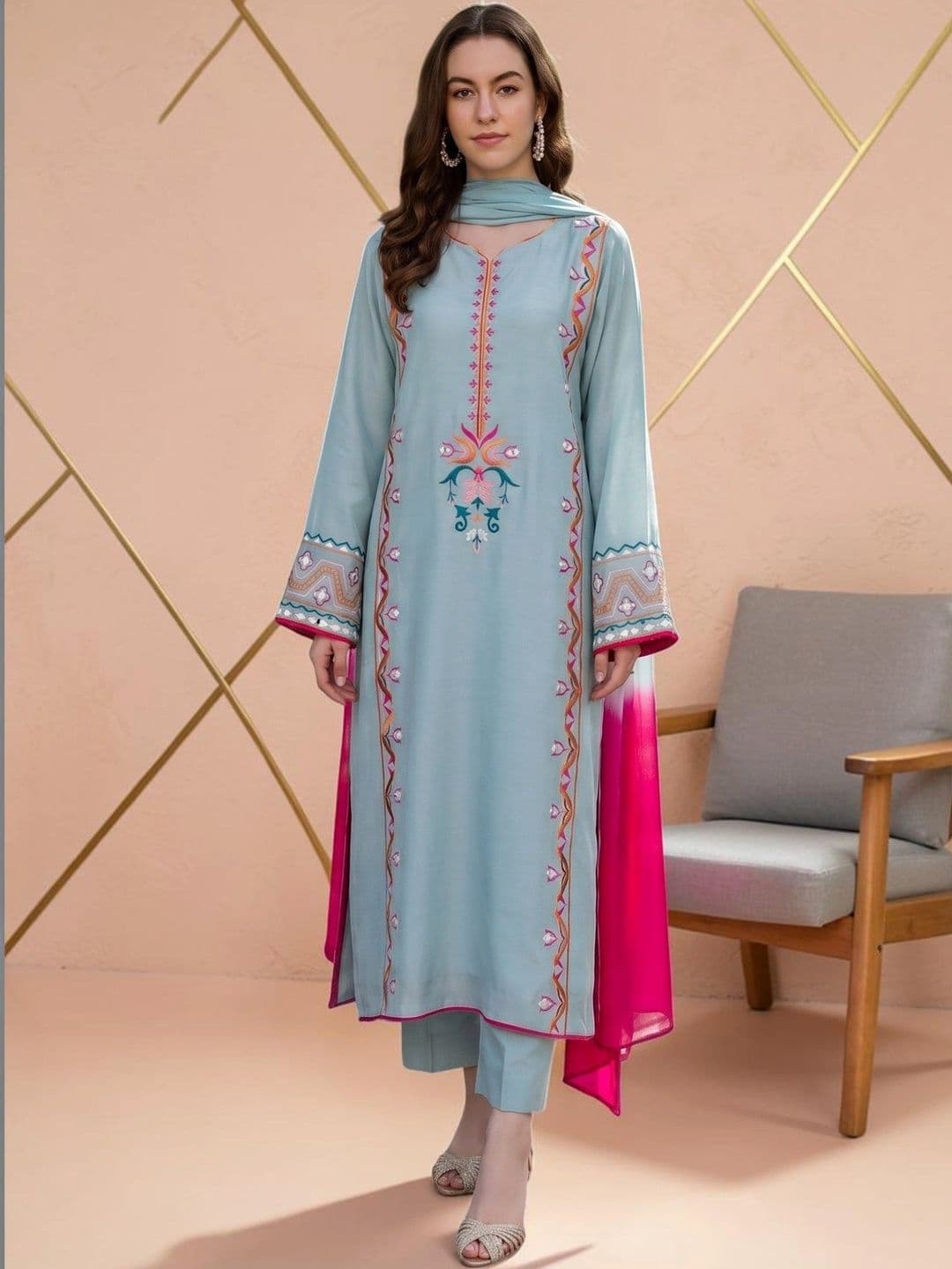 all about you Women Ethnic Motifs Embroidered Silk Crepe Kurta with Trousers & Dupatta thumbnail 5