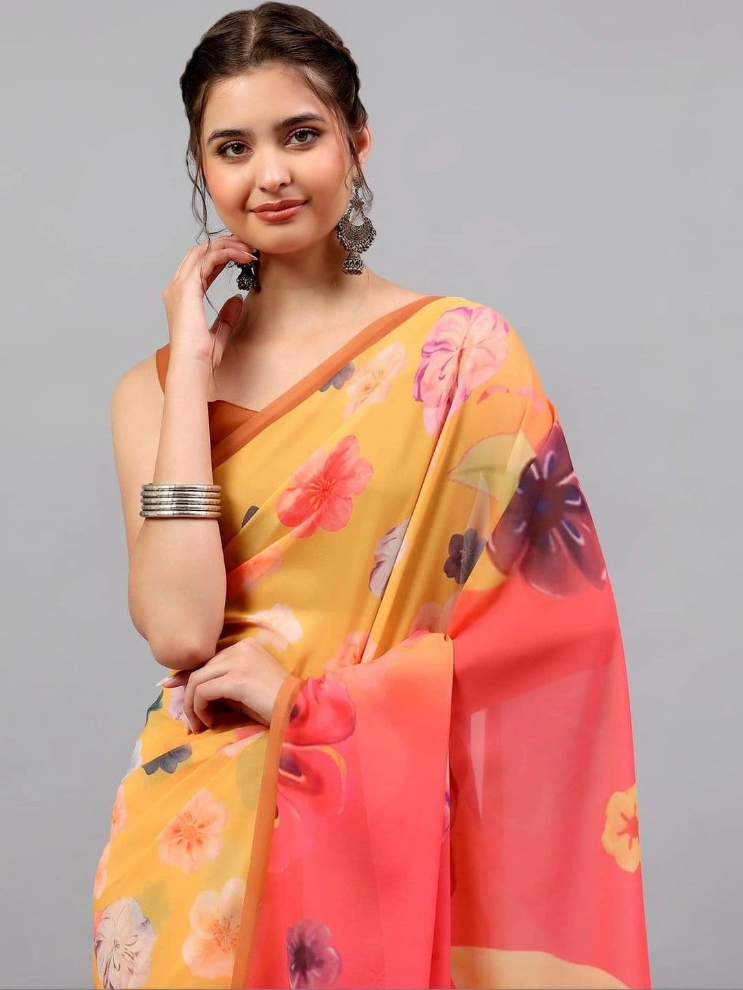 Pixie lane Floral Poly Georgette Saree thumbnail 5