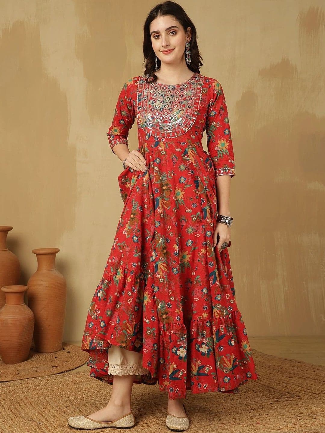 Sangria Women Floral Printed Mirror Work Floral Anarkali Kurta thumbnail 3