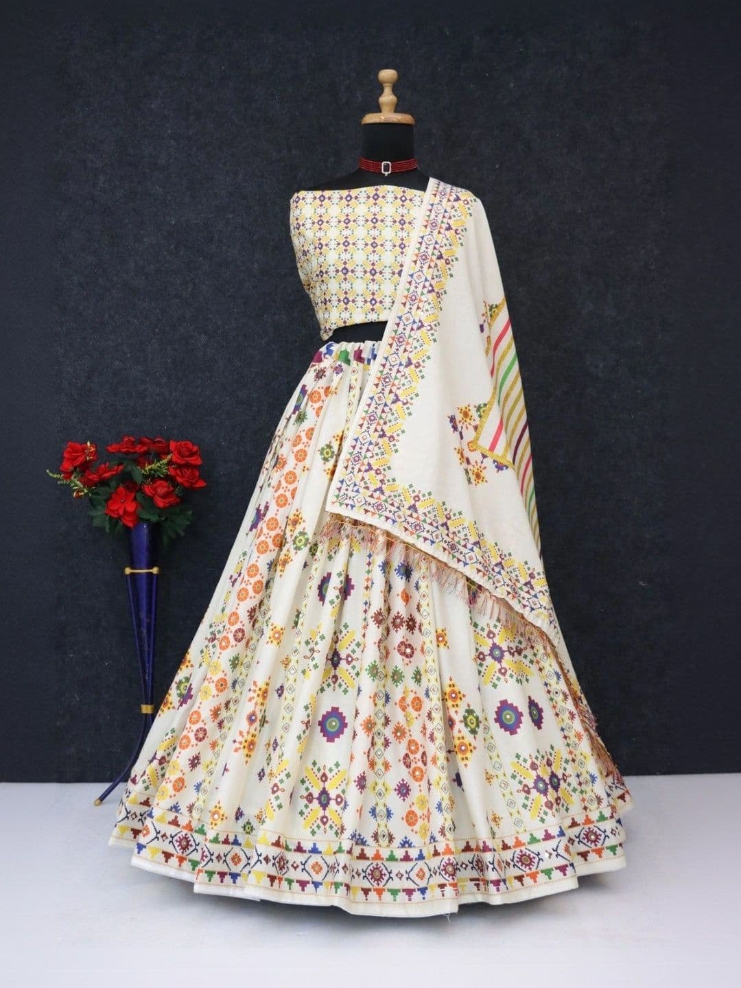 Sangria Printed Mirror Work Semi-Stitched Lehenga & Unstitched Blouse With Dupatta thumbnail 3
