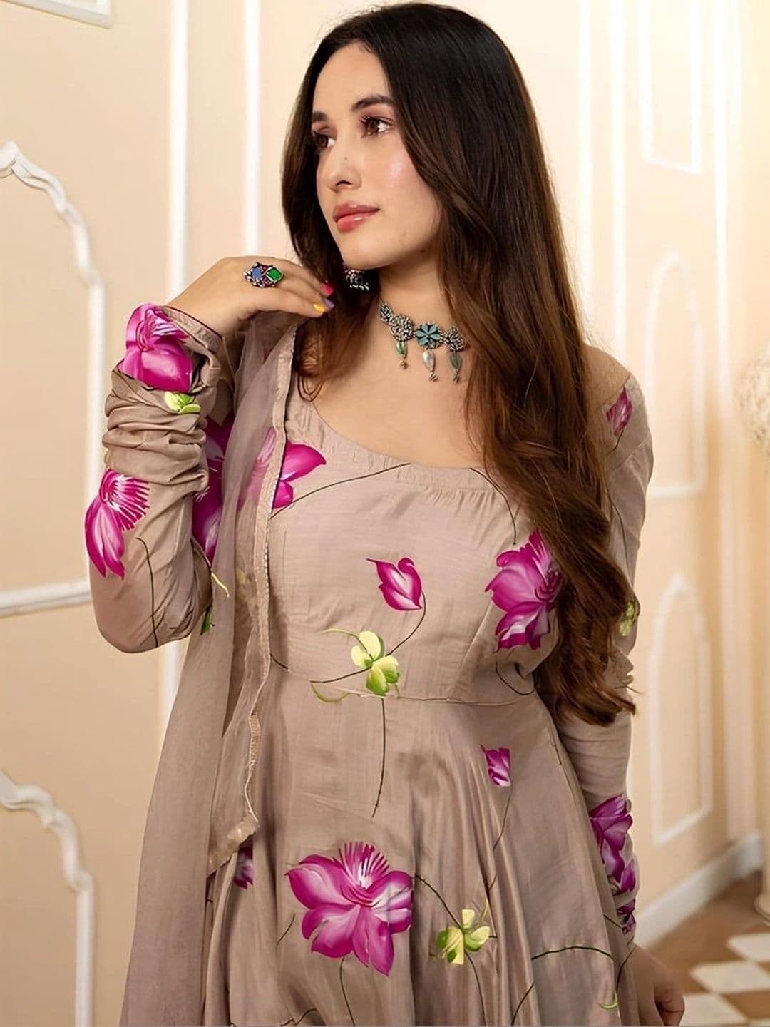 Femvy Women Floral Printed Empire Kurta with Trousers & With Dupatta thumbnail 4