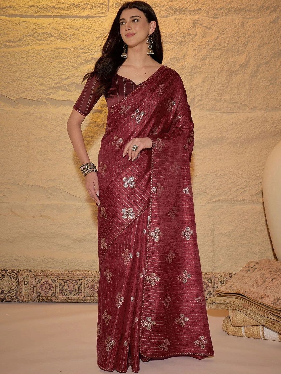 Sangria Floral Beads and Stones Poly Georgette Designer Saree - view 1