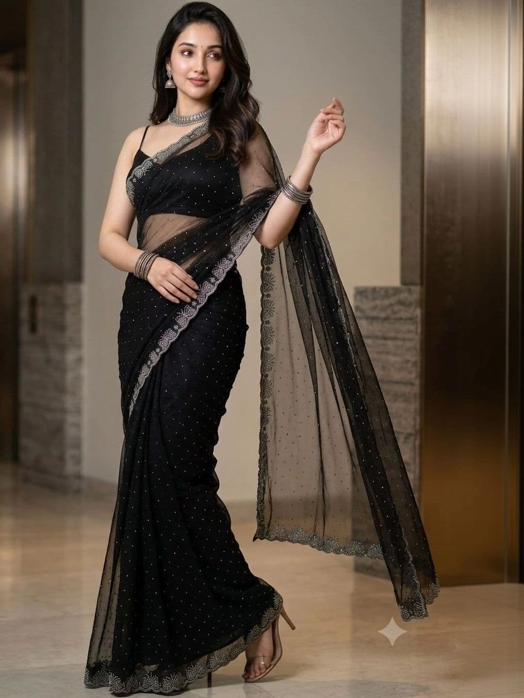 Akshmi Creation Embellished Supernet Saree - view 1