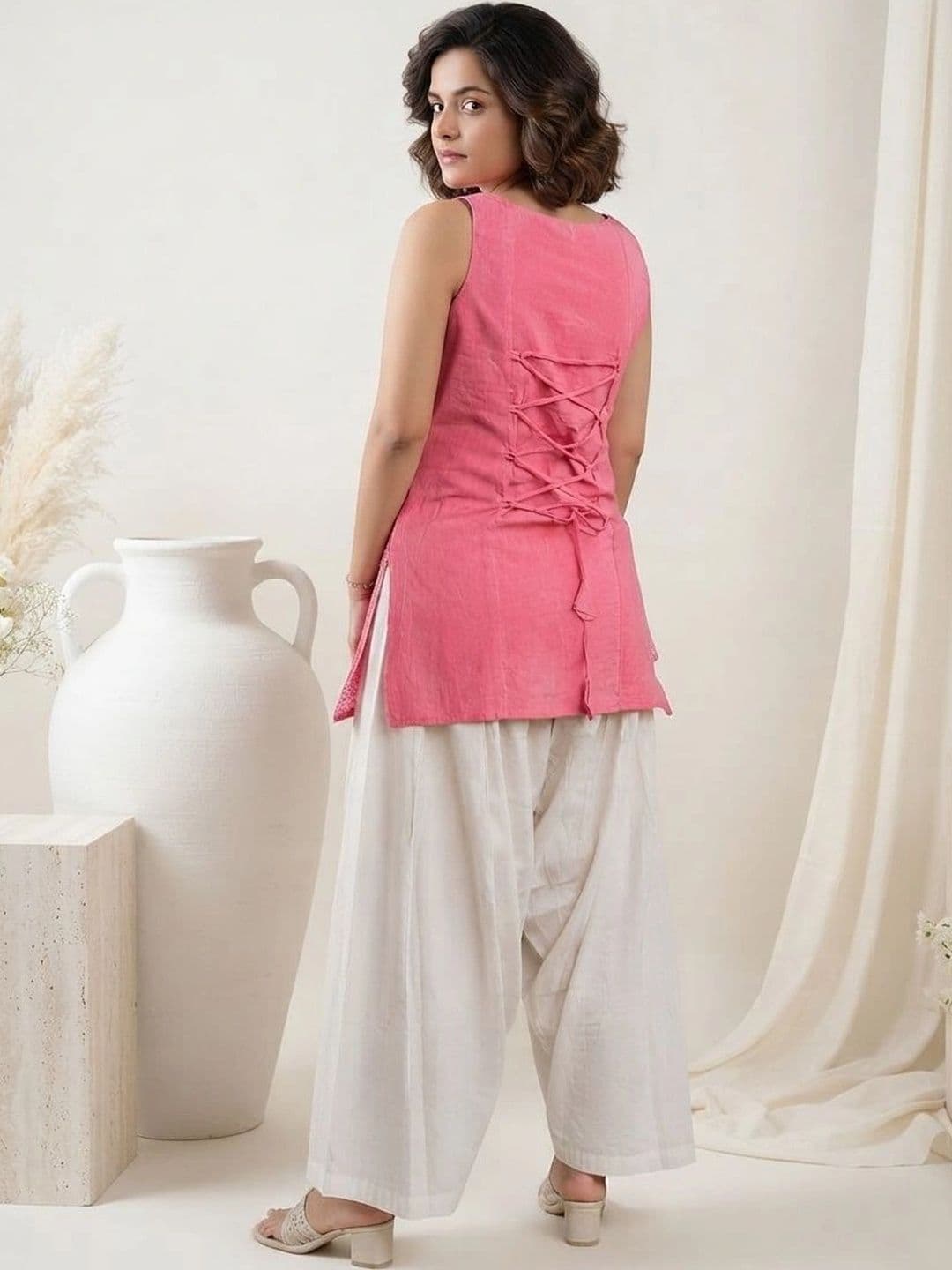 HERE&NOW Women Ethnic Motifs Embroidered Regular Thread Work Pure Cotton Kurti with Patiala thumbnail 3