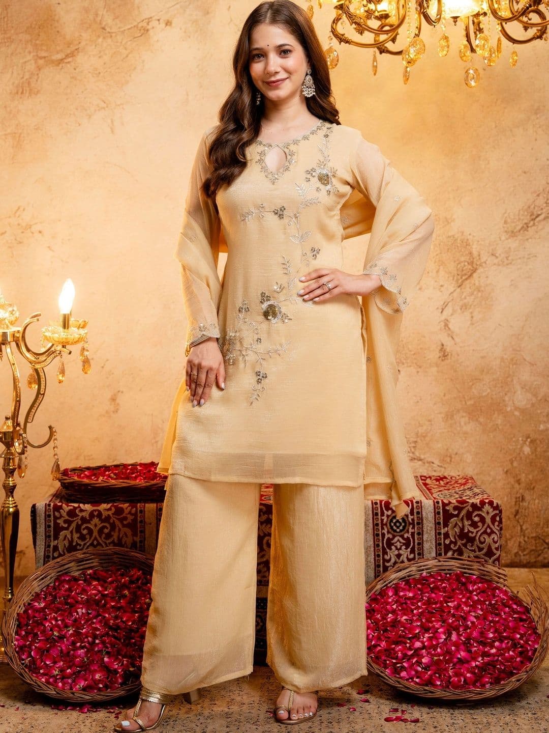 J.KANJI  Ethnic Motifs Embroidered Regular Sequinned Kurta with Palazzos & With Dupatta thumbnail 7