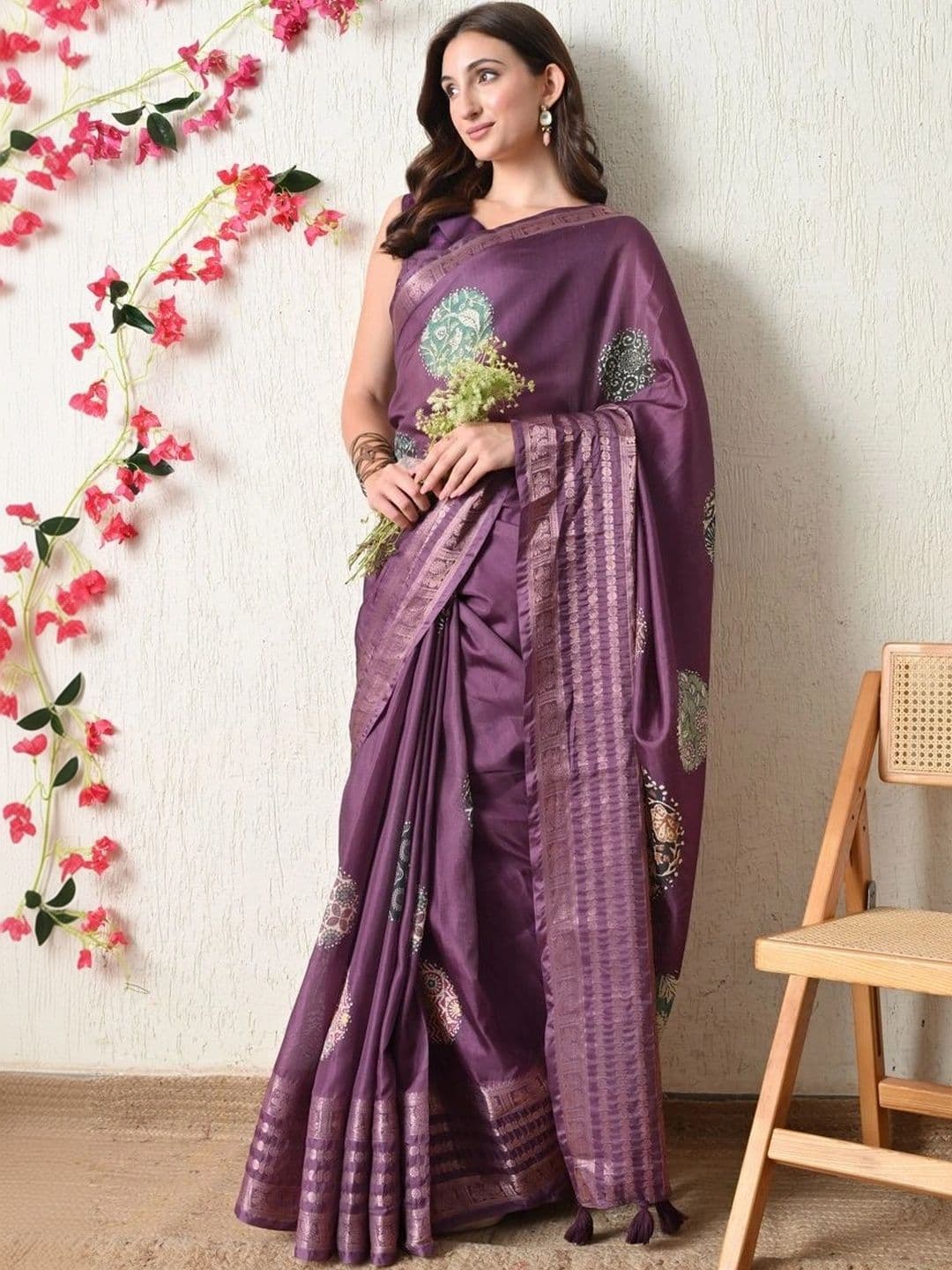 KALINI Ethnic Motifs Zari Silk Cotton Block Print Saree thumbnail 3