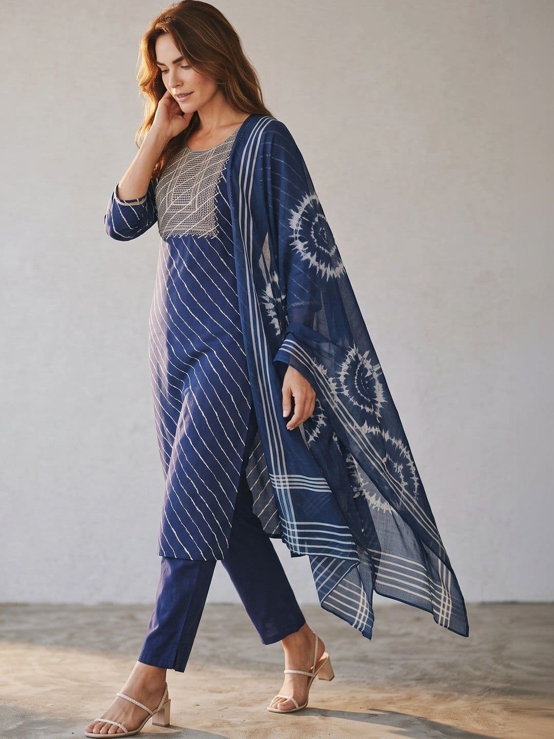 KALINI Women Ethnic Motifs Printed Regular Thread Work Kurta with Trousers & With Dupatta thumbnail 3